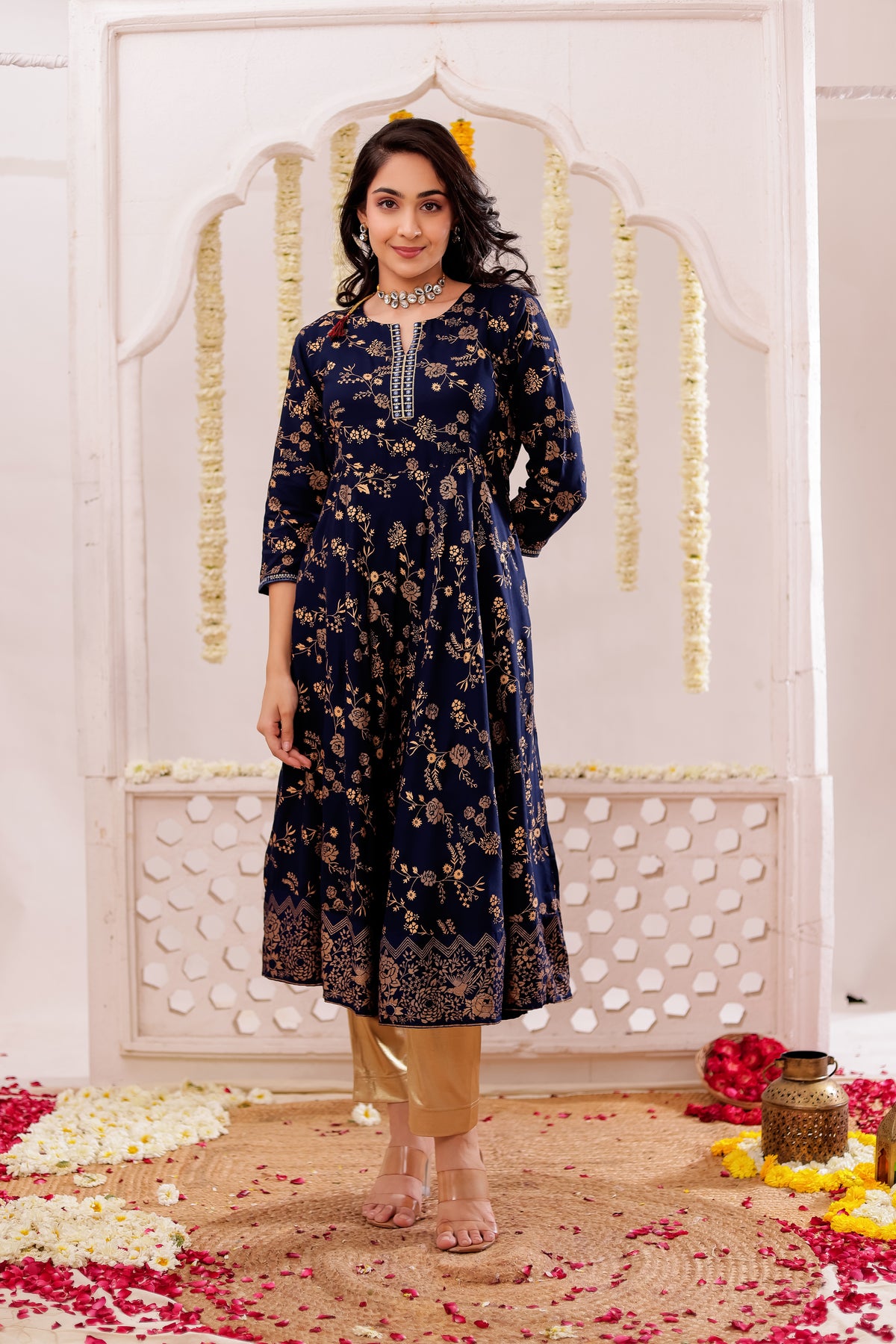 GOLD PRINTED FLAIRED DRESS WITH MIRROR EMBROIDERY DETAILS