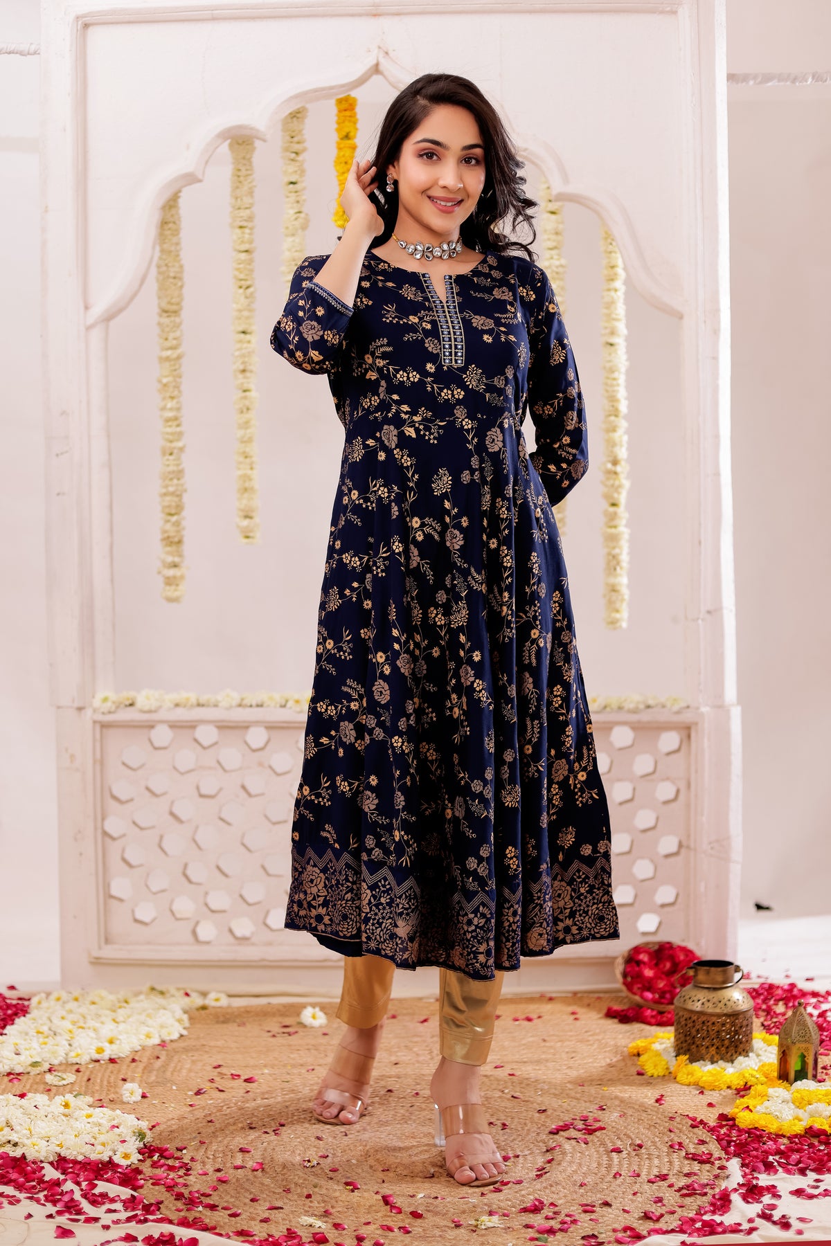 GOLD PRINTED FLAIRED DRESS WITH MIRROR EMBROIDERY DETAILS