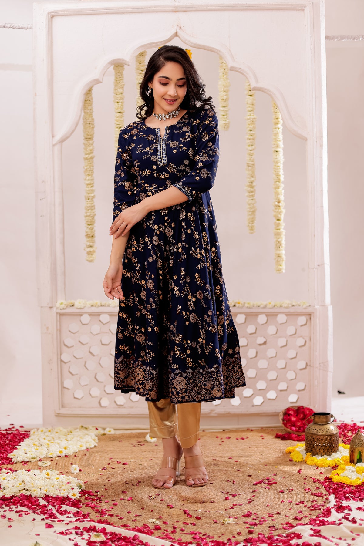 GOLD PRINTED FLAIRED DRESS WITH MIRROR EMBROIDERY DETAILS