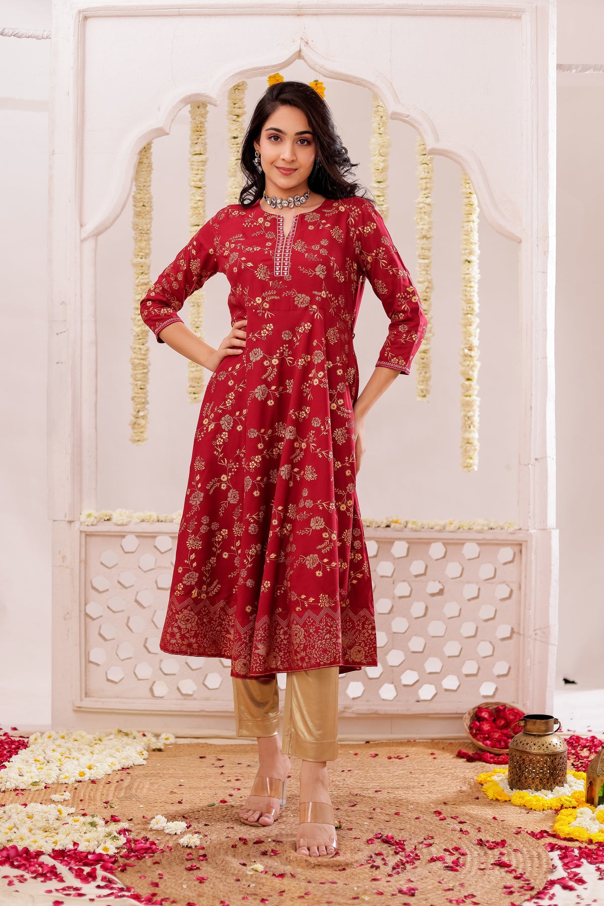 GOLD PRINTED FLAIRED DRESS WITH MIRROR EMBROIDERY DETAILS