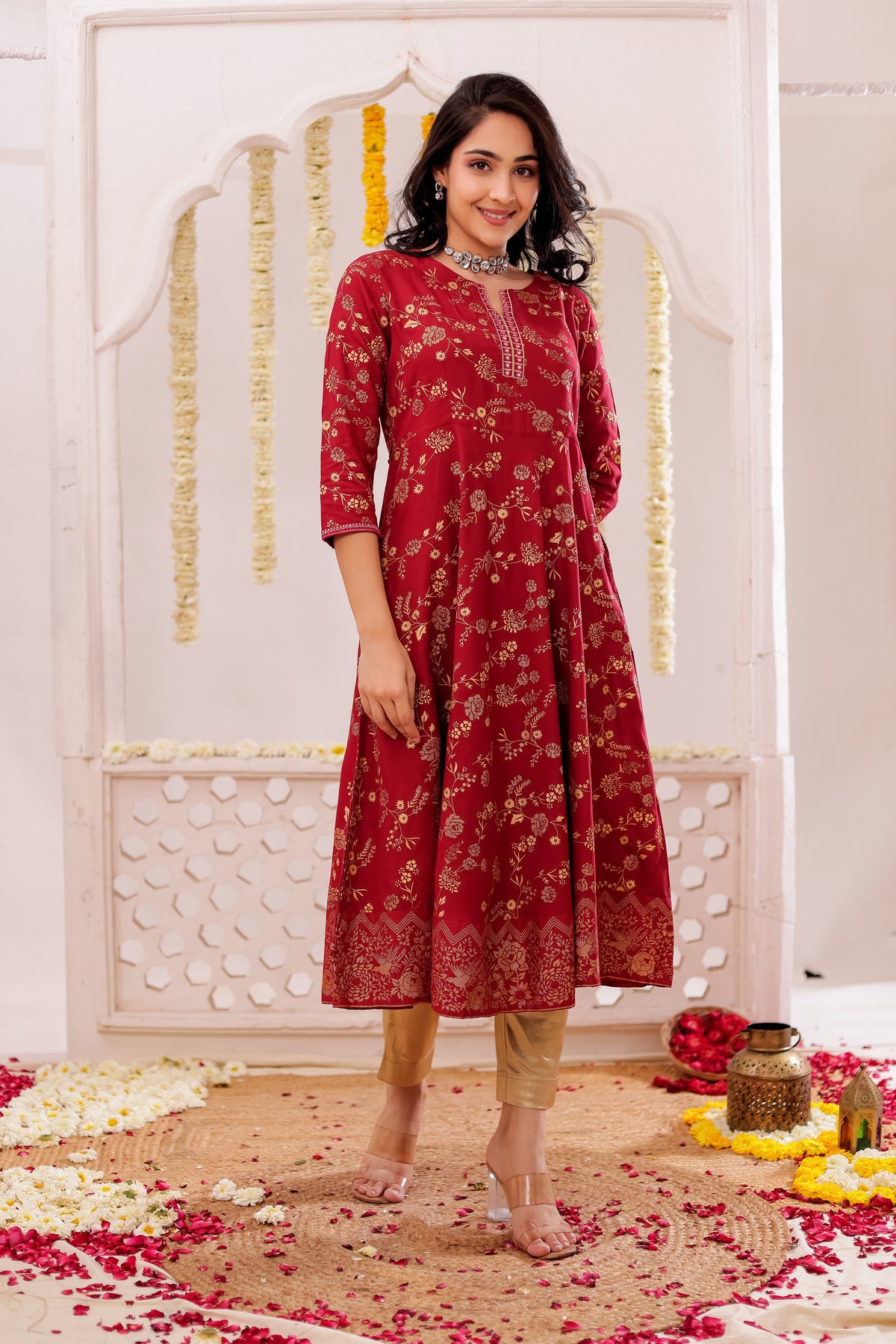 GOLD PRINTED FLAIRED DRESS WITH MIRROR EMBROIDERY DETAILS