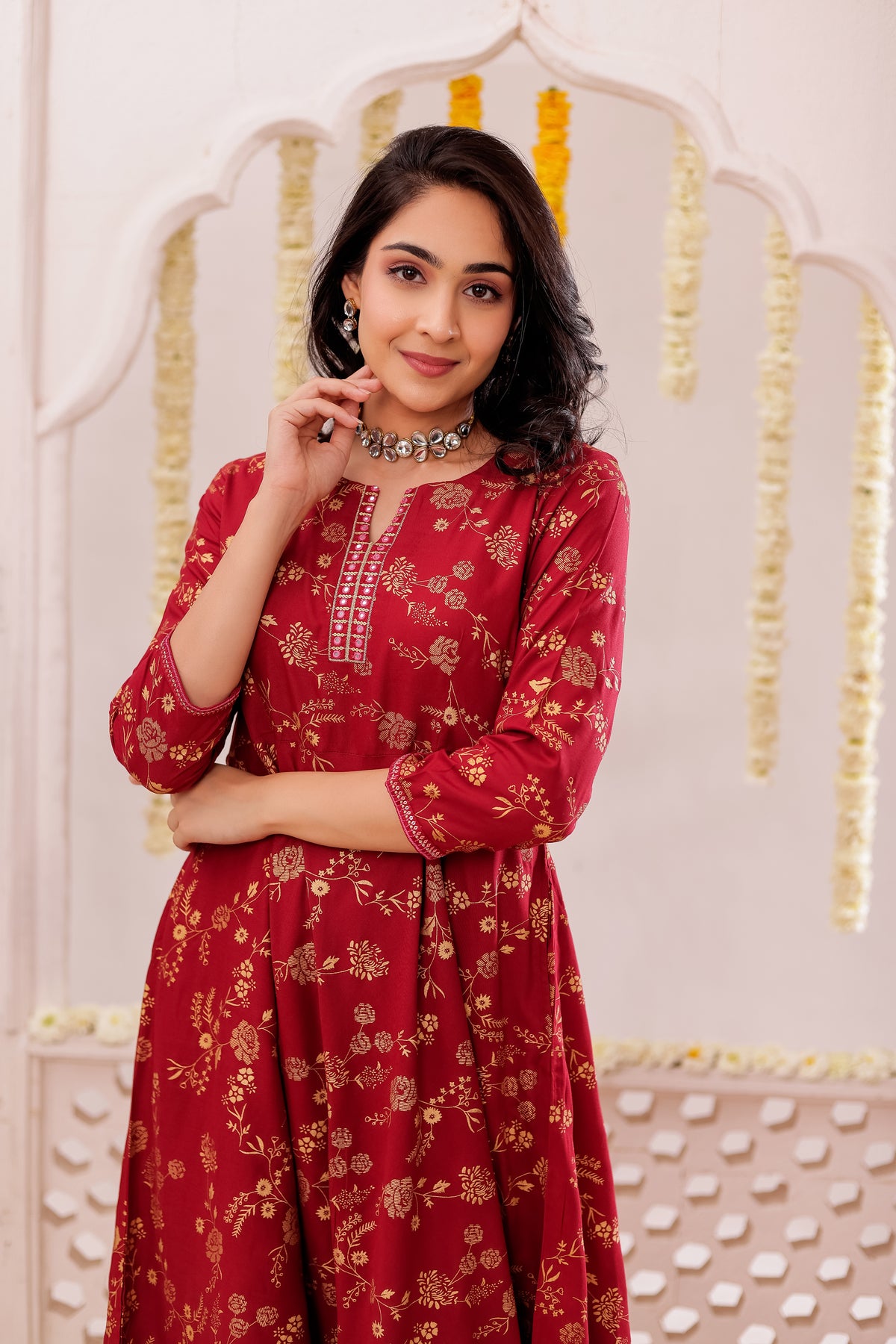 GOLD PRINTED FLAIRED DRESS WITH MIRROR EMBROIDERY DETAILS