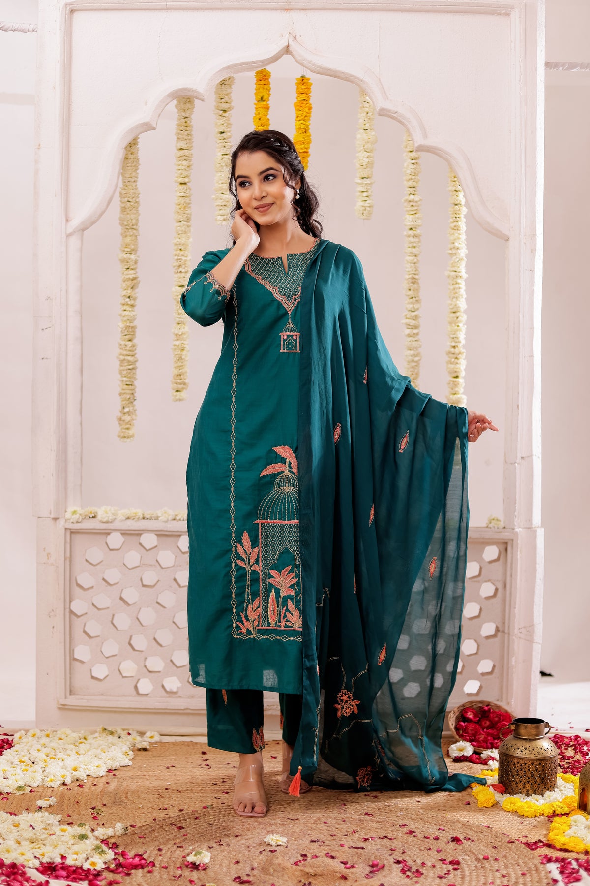 RICH SILK 3PC SET EMBELLISHED WITH PLACEMENT EMBROIDERY & ADDA WORK DETAILS