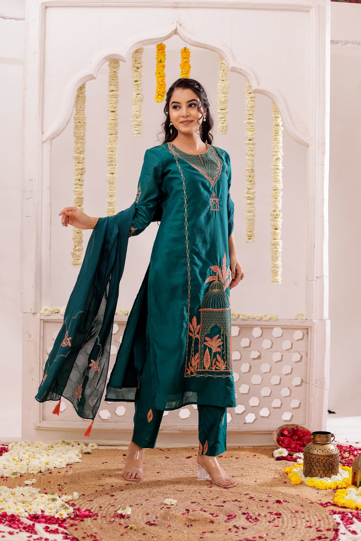 RICH SILK 3PC SET EMBELLISHED WITH PLACEMENT EMBROIDERY & ADDA WORK DETAILS