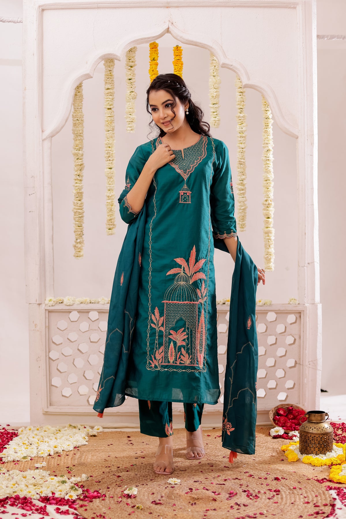 RICH SILK 3PC SET EMBELLISHED WITH PLACEMENT EMBROIDERY & ADDA WORK DETAILS