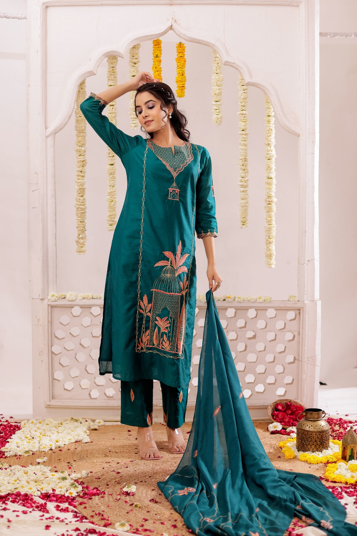 RICH SILK 3PC SET EMBELLISHED WITH PLACEMENT EMBROIDERY & ADDA WORK DETAILS