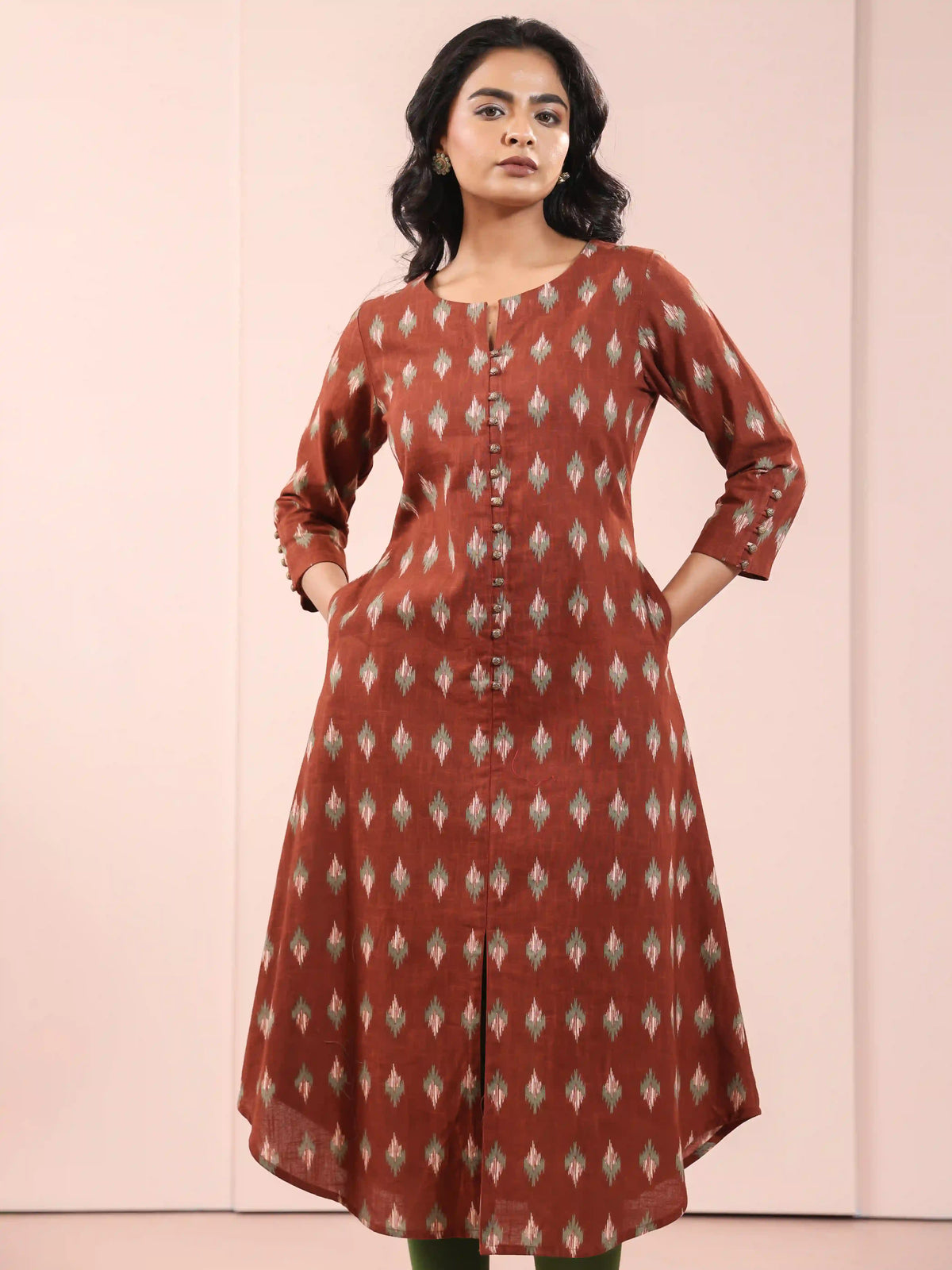IKKAT PRINTED ALINE KURTI EMBELLISHED WITH BUTTON DETAILS