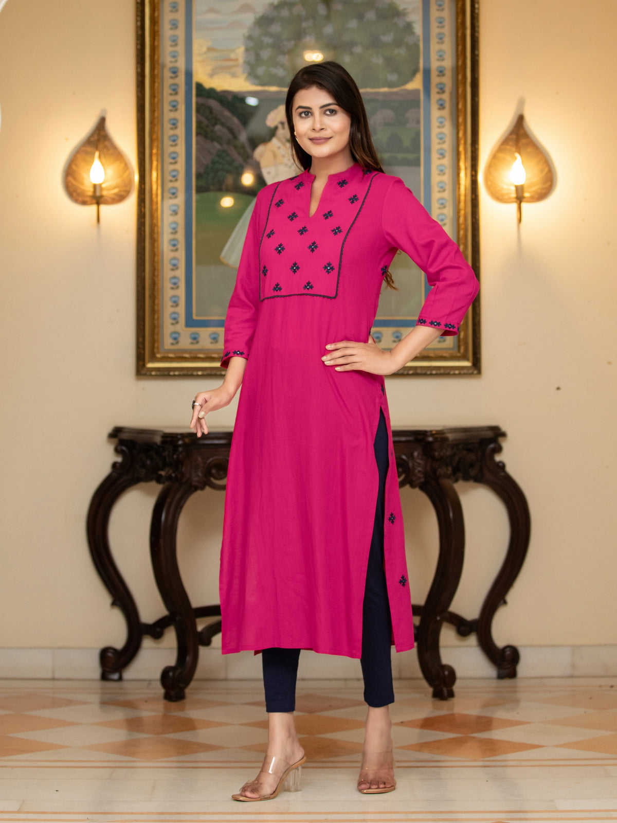 Lace & Mirror Embroidered Straight Kurti