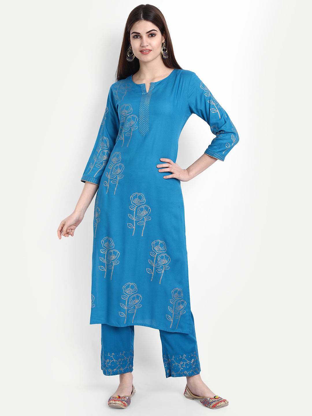 Rayon Hand Block Printed Kurrta Set With Zari Work