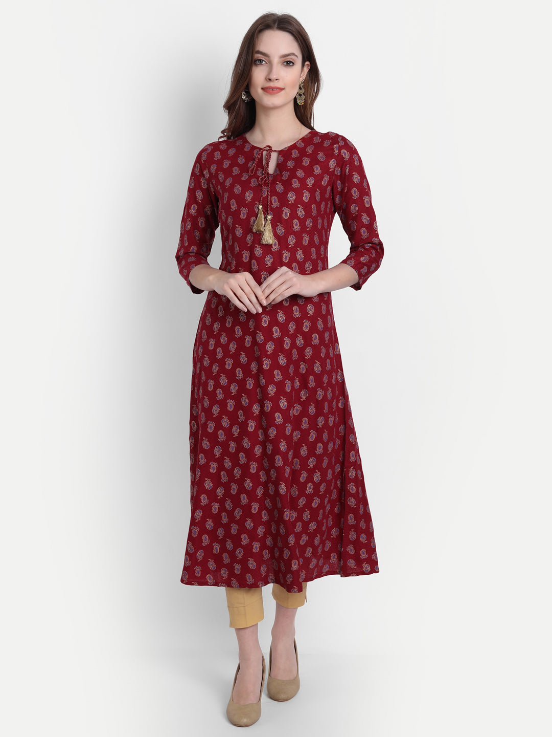 Rayon Gold Printed Kurti with Intricate Dori Tassel Detail