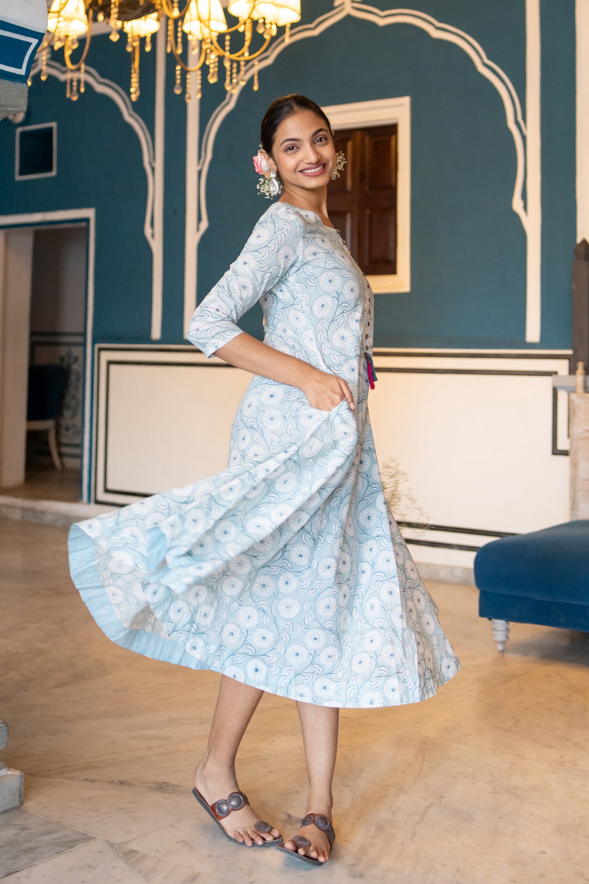 Floral Printed Long Dress with Comfortable Pocket