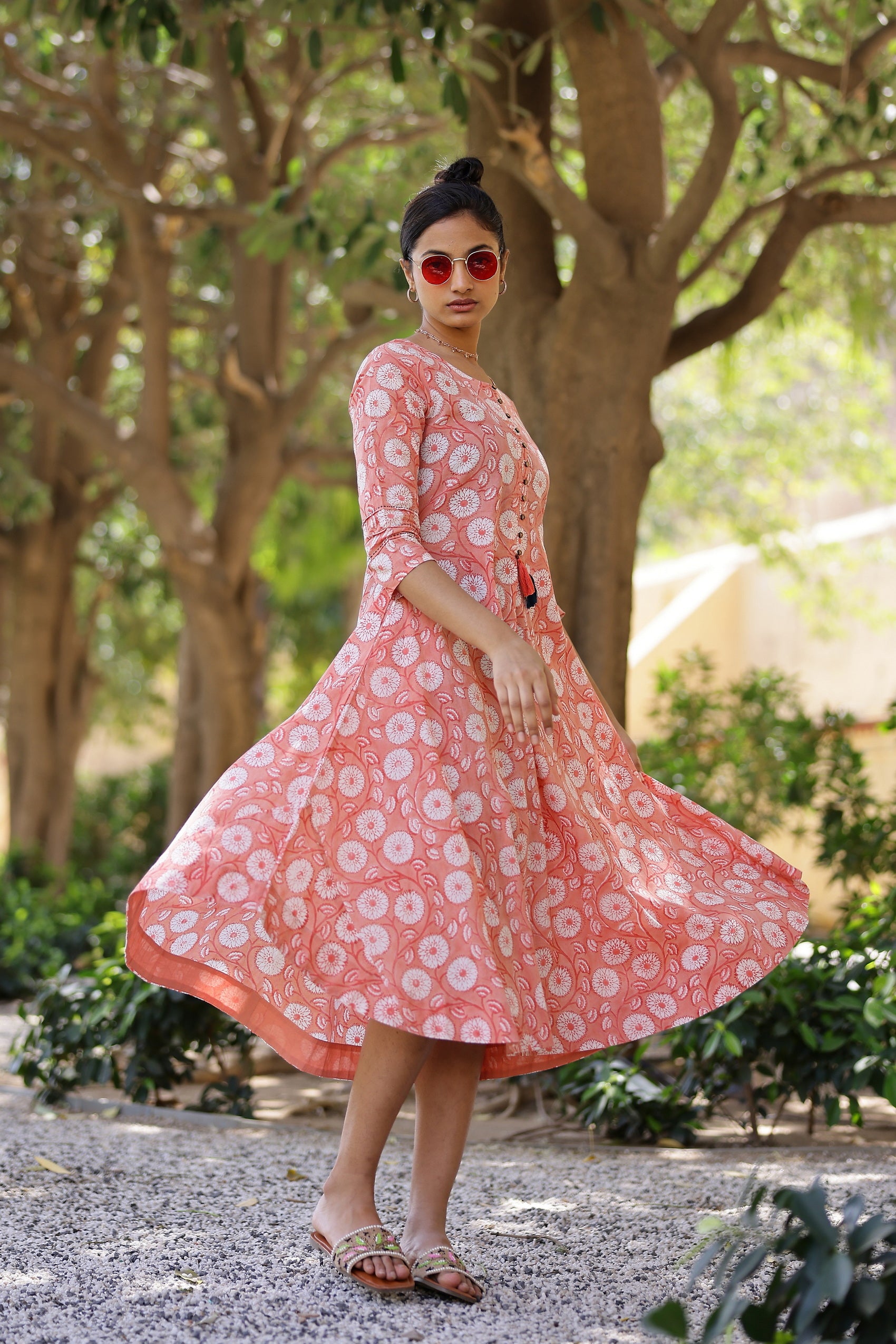 Floral Printed Cotton Long Dress with Comfortable Pocket
