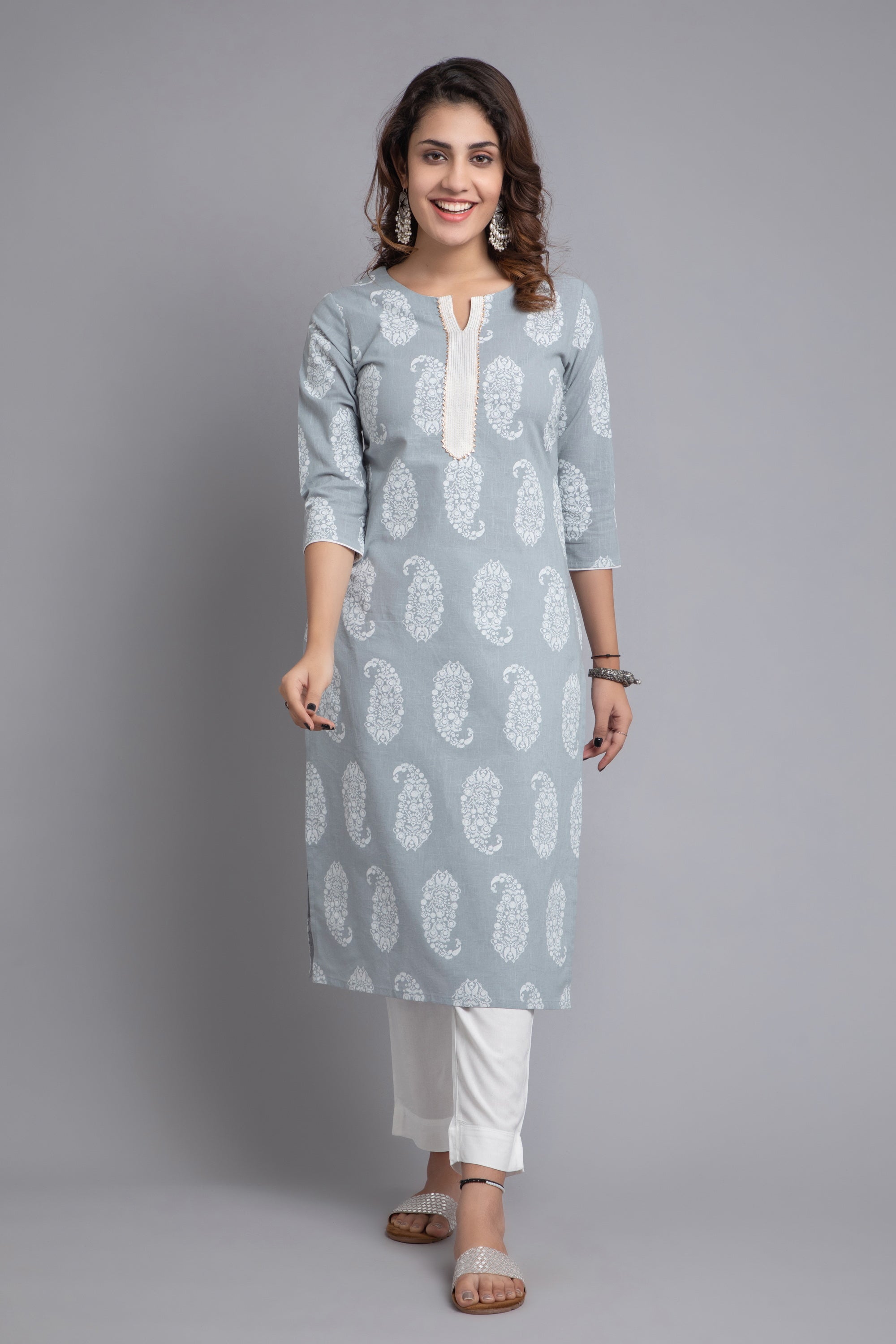 Puritan Gray Block Print Cotton Slub Long Kurti for Women