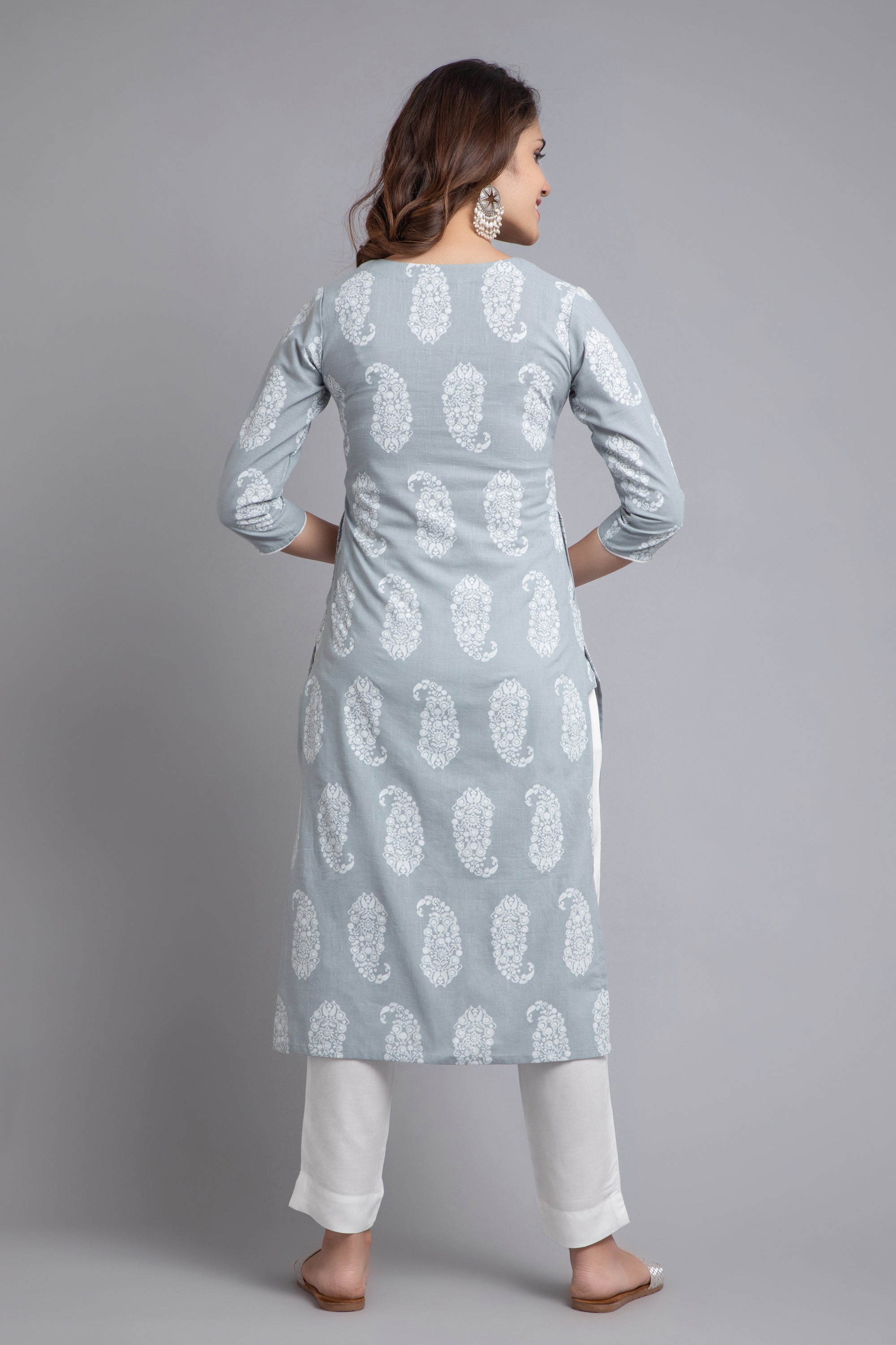 Puritan Gray Block Print Cotton Slub Long Kurti for Women