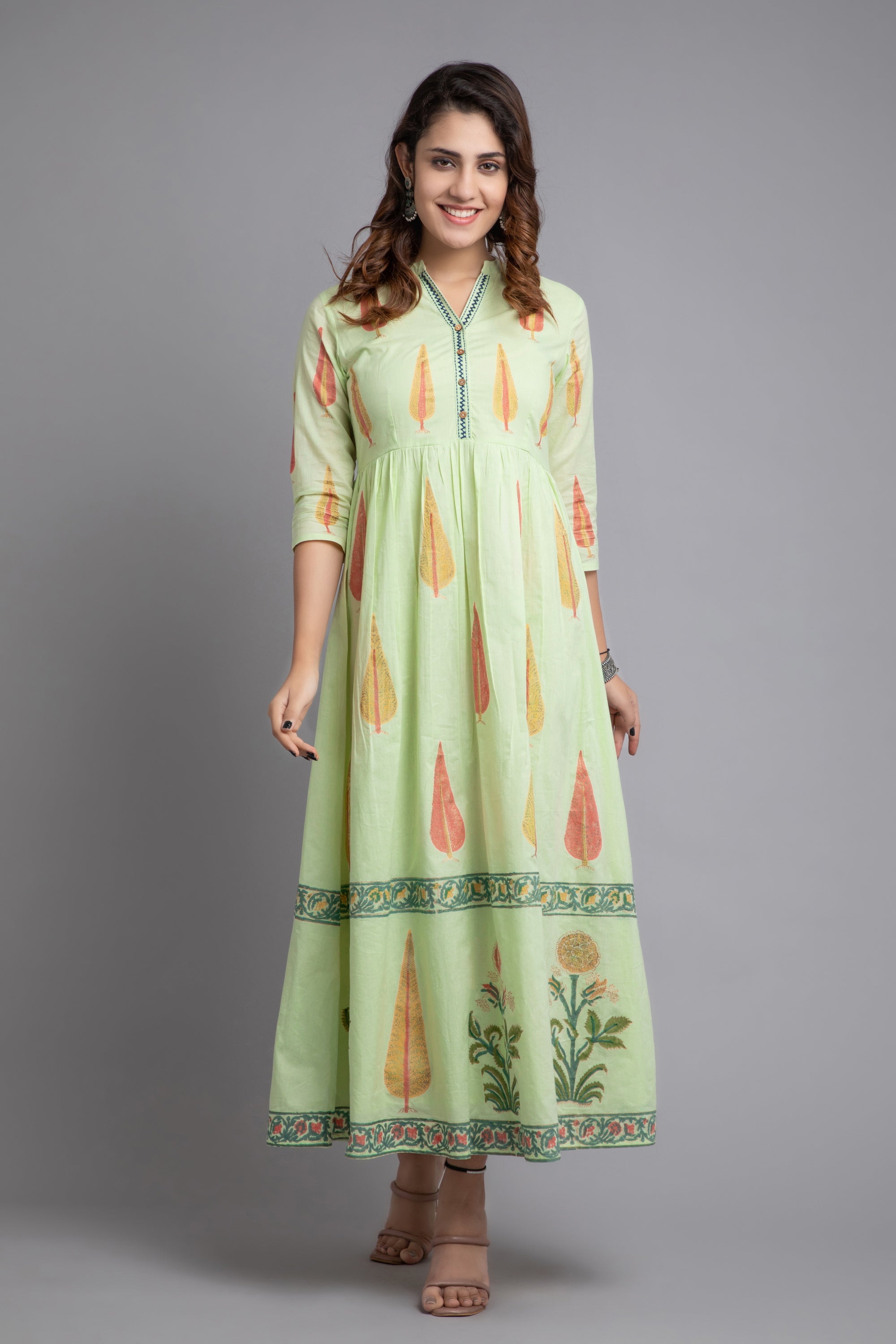 Shadow Lime Hand Block Printed Long Dress