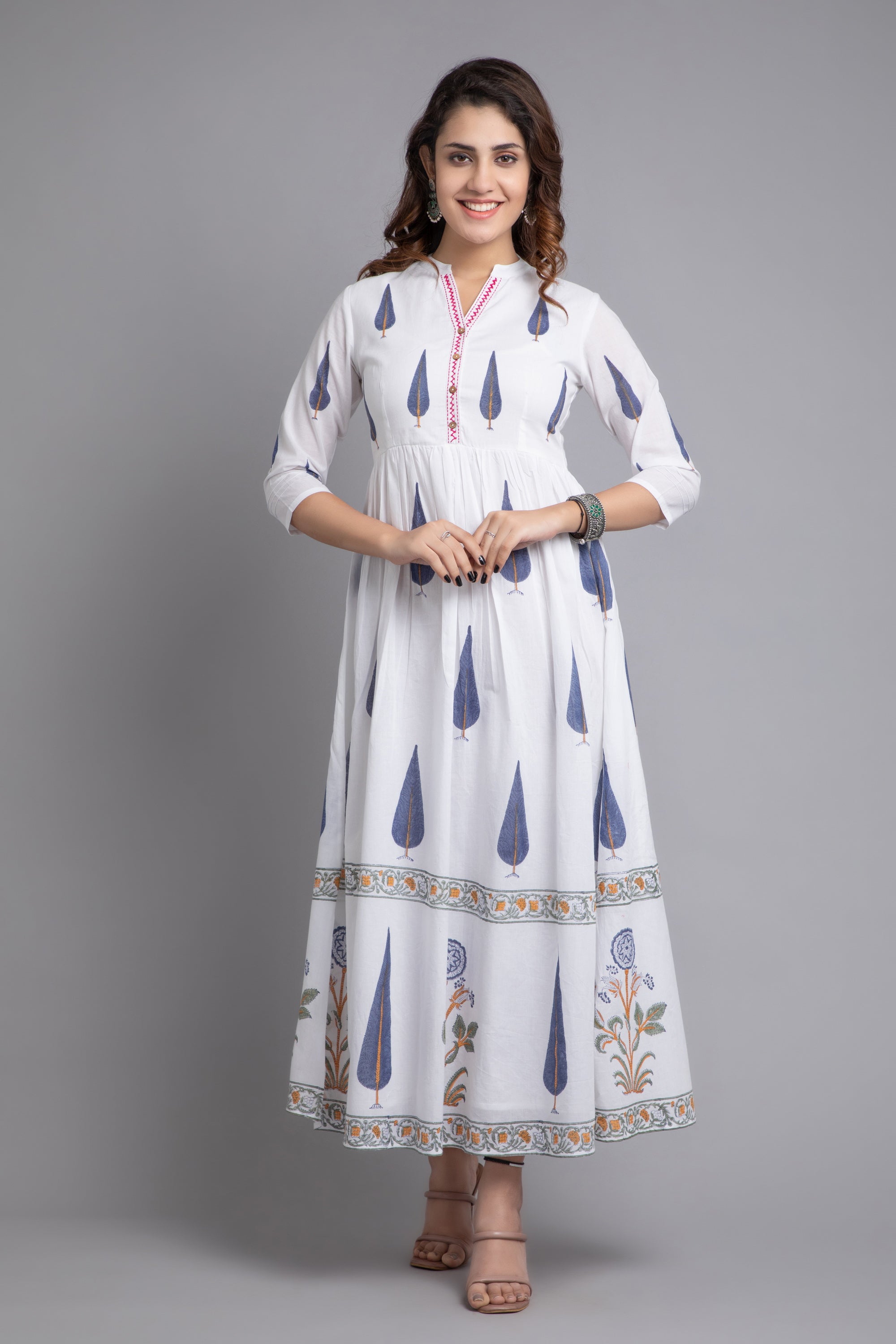 Swan White Hand Block Printed Long Dress