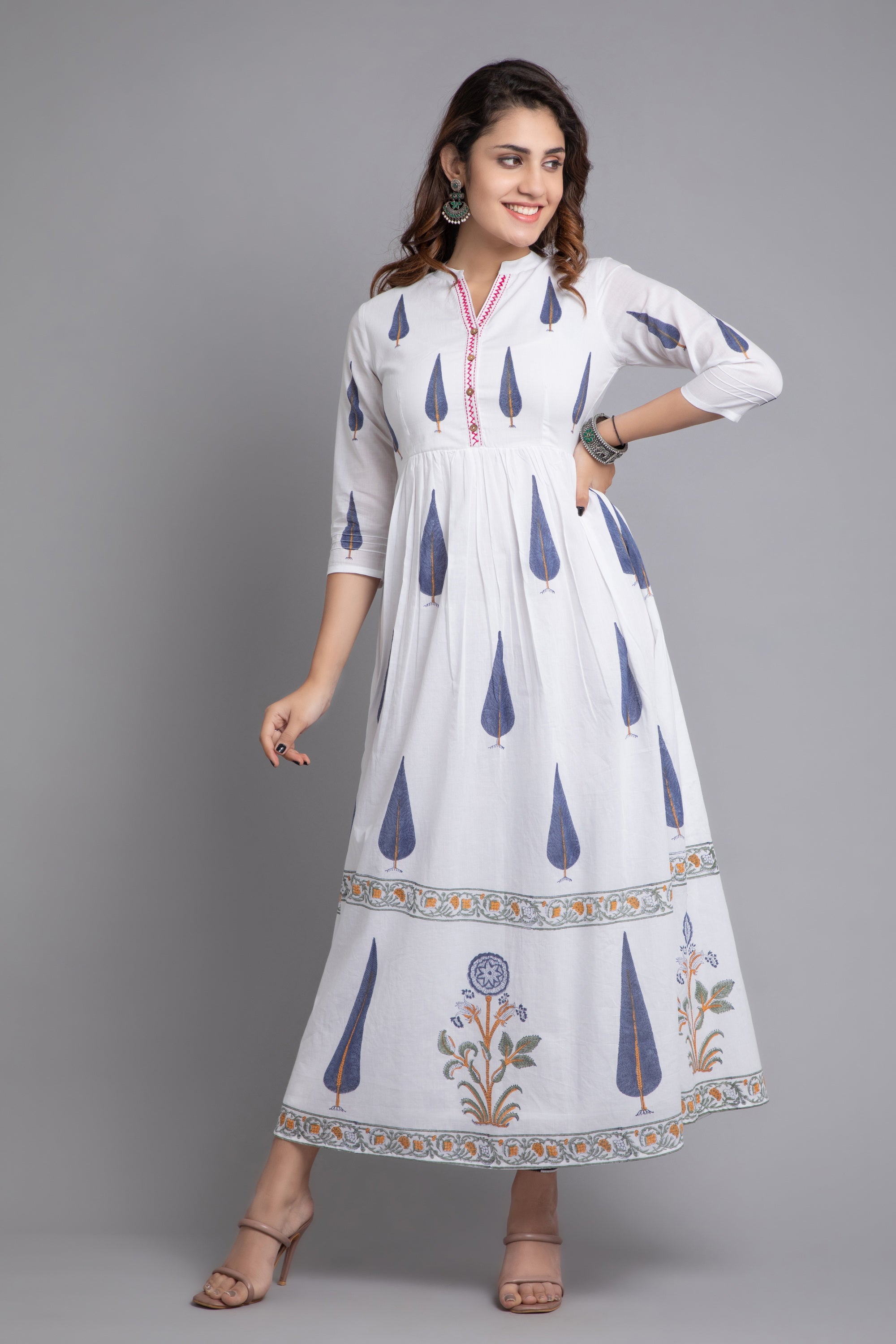 Swan White Hand Block Printed Long Dress
