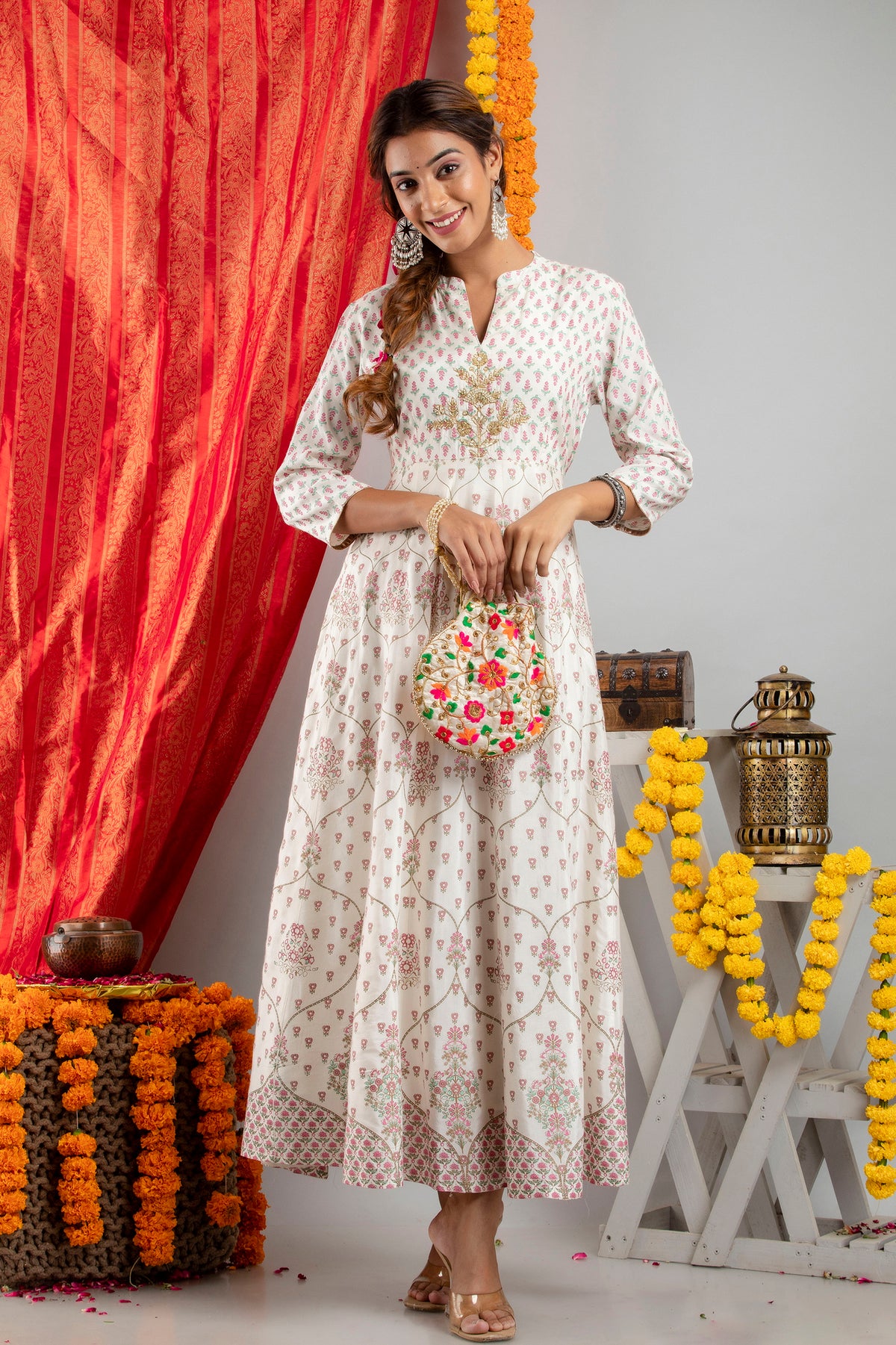 GOLD PRINT HAND-EMBELLISHED FLARED FLOOR LENGTH DRESS