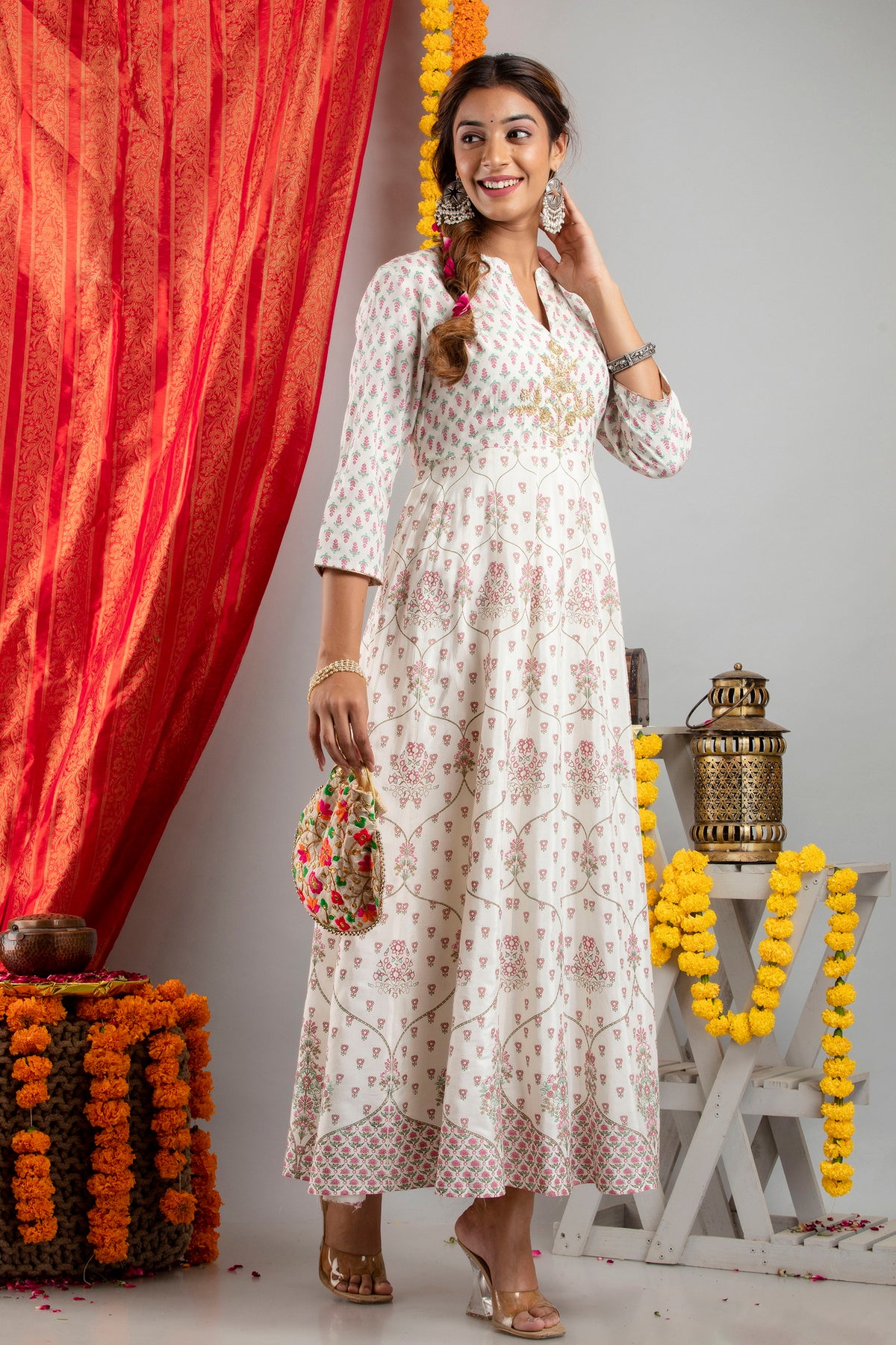 GOLD PRINT HAND-EMBELLISHED FLARED FLOOR LENGTH DRESS