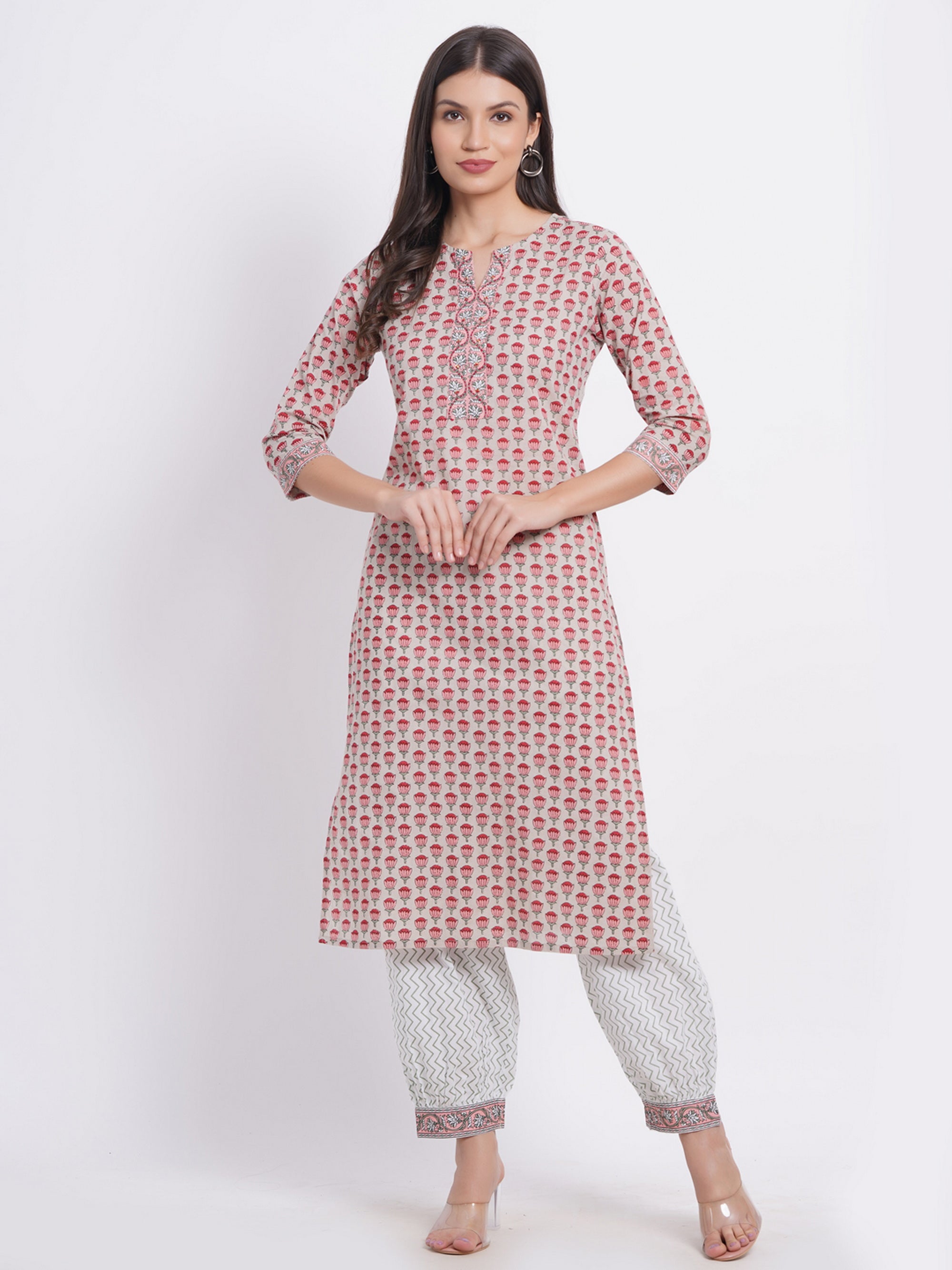 Floral Print 2Pc Kurta & Lantern Pant Set with Kantha Detail