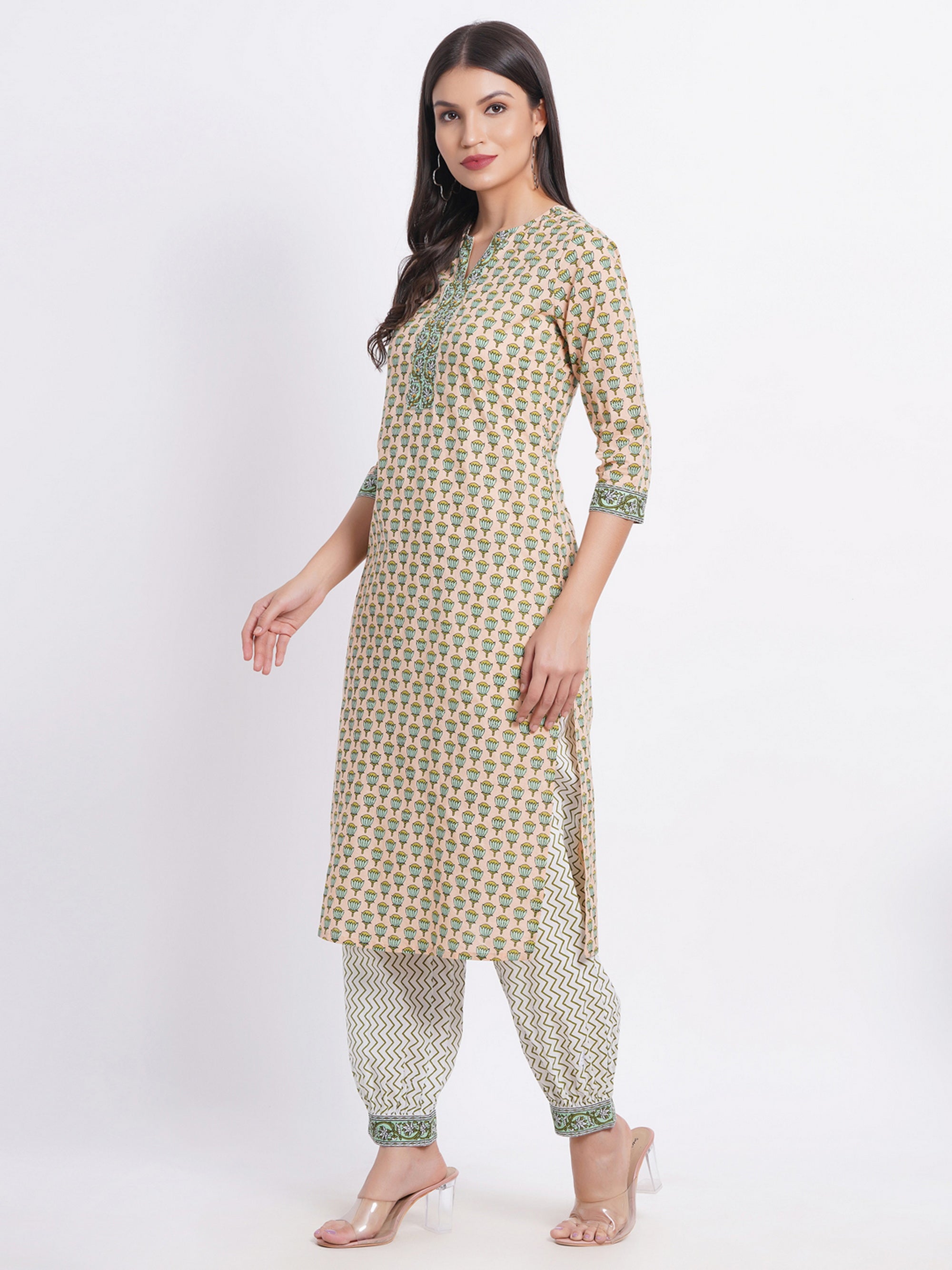 Floral Print 2Pc Kurta & Lantern Pant Set with Kantha Detail