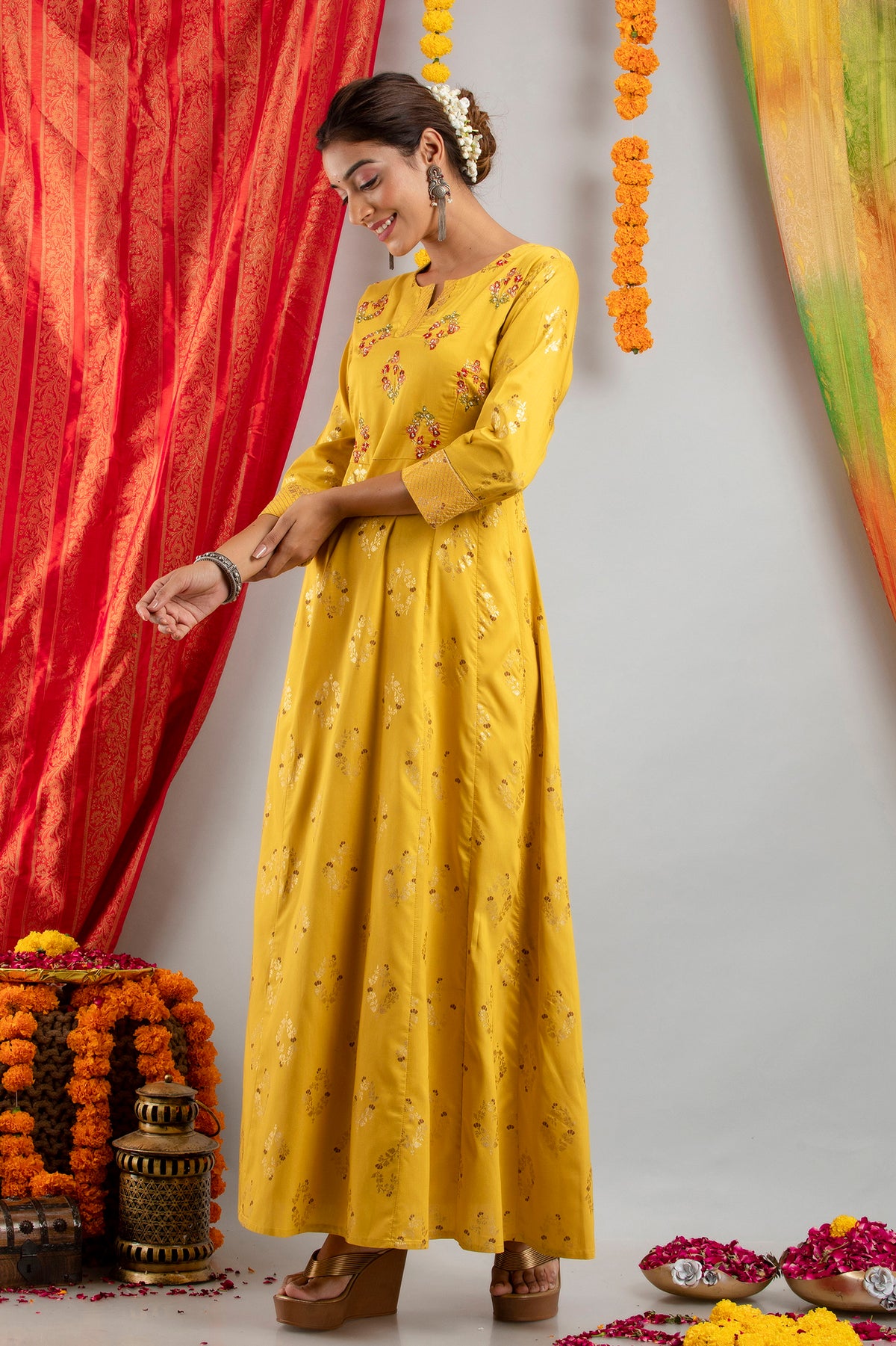 BEAUTIFUL GOLD PRINTED LONG DRESS EMBALISHED WITH ZARDOZI WORK