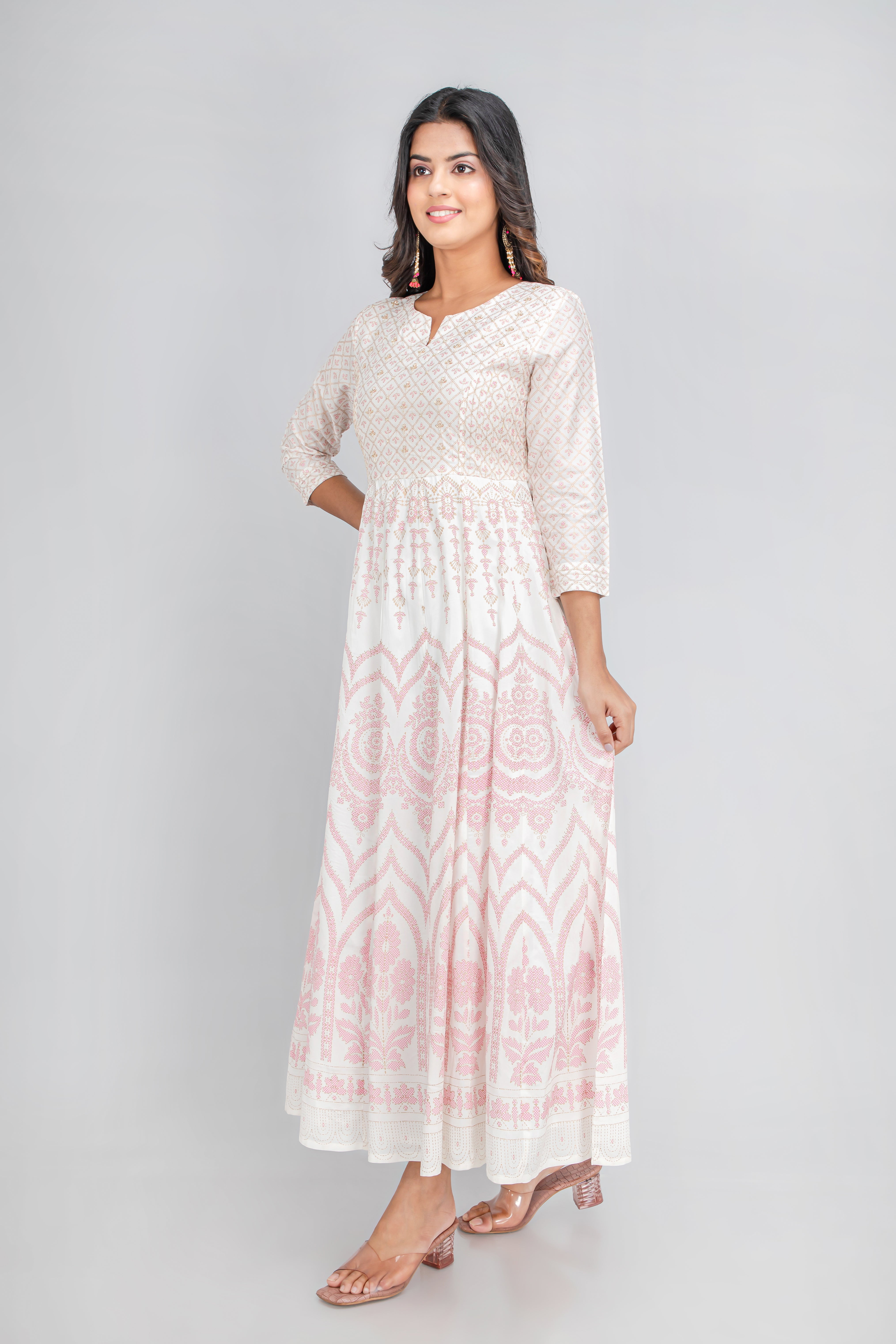 PRINTED FESTIVE FLOOR LENGTH FLAIRED DRESS