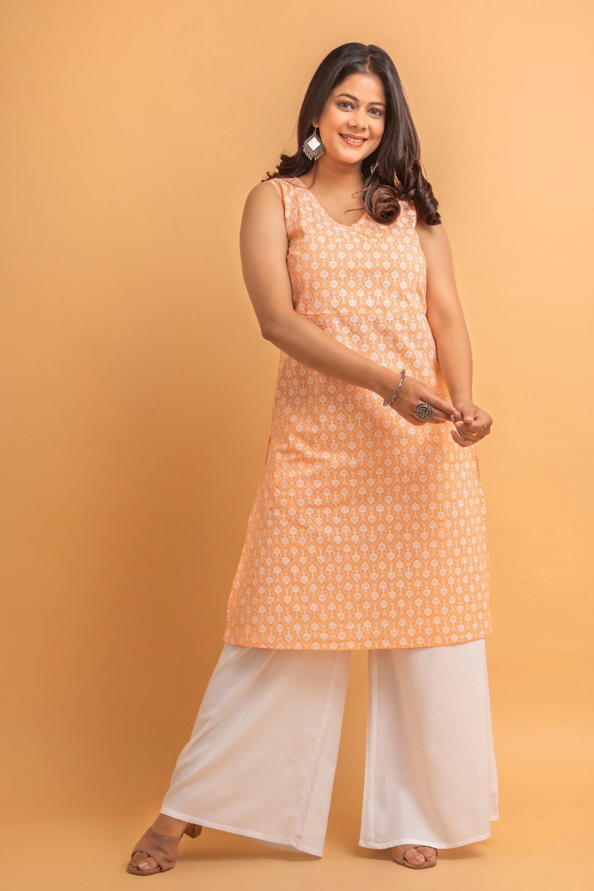 Peach Long Kurti in Mul Cotton