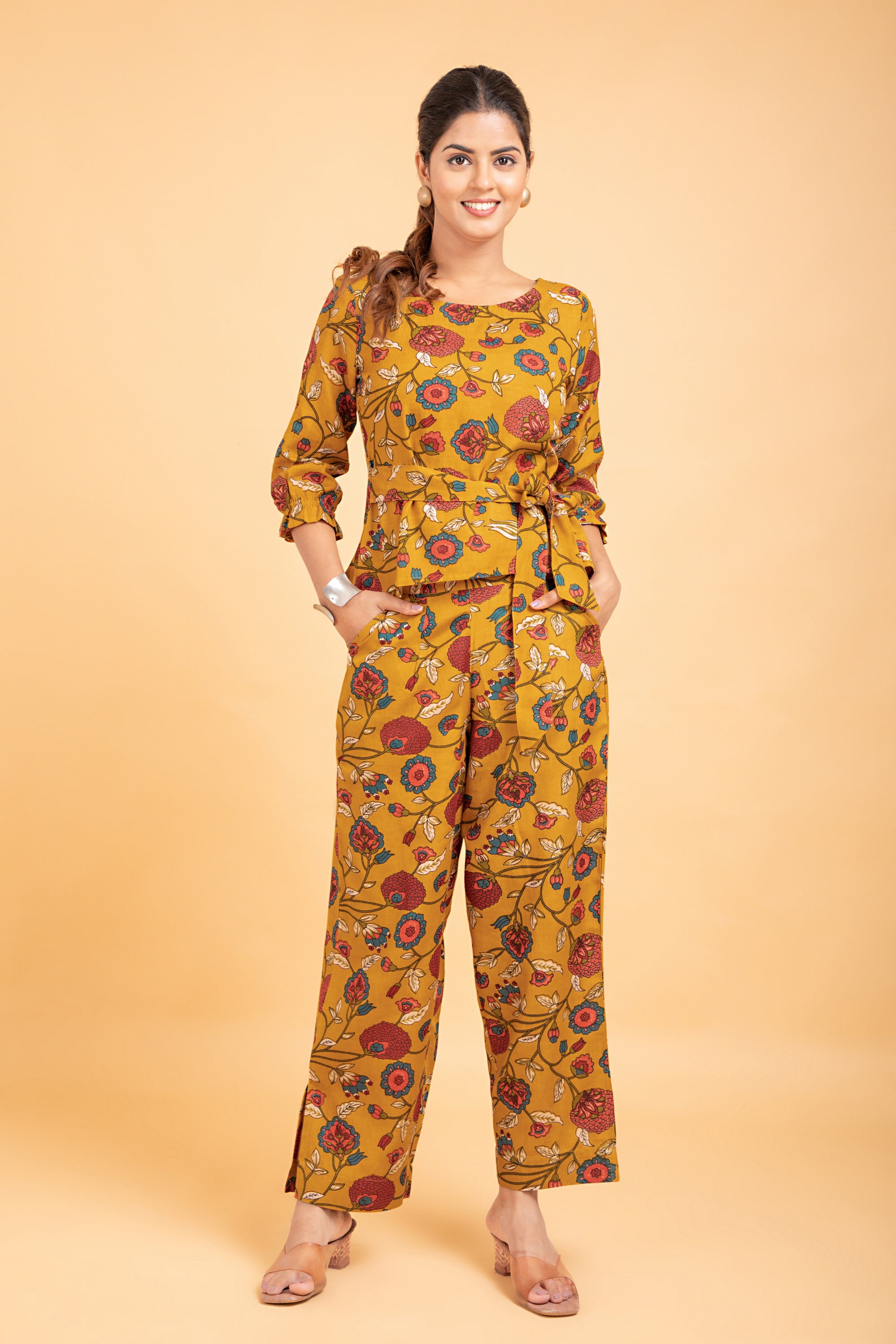 Mustard Rayon Linen Printed Front Tie-Up Co-Ord Set