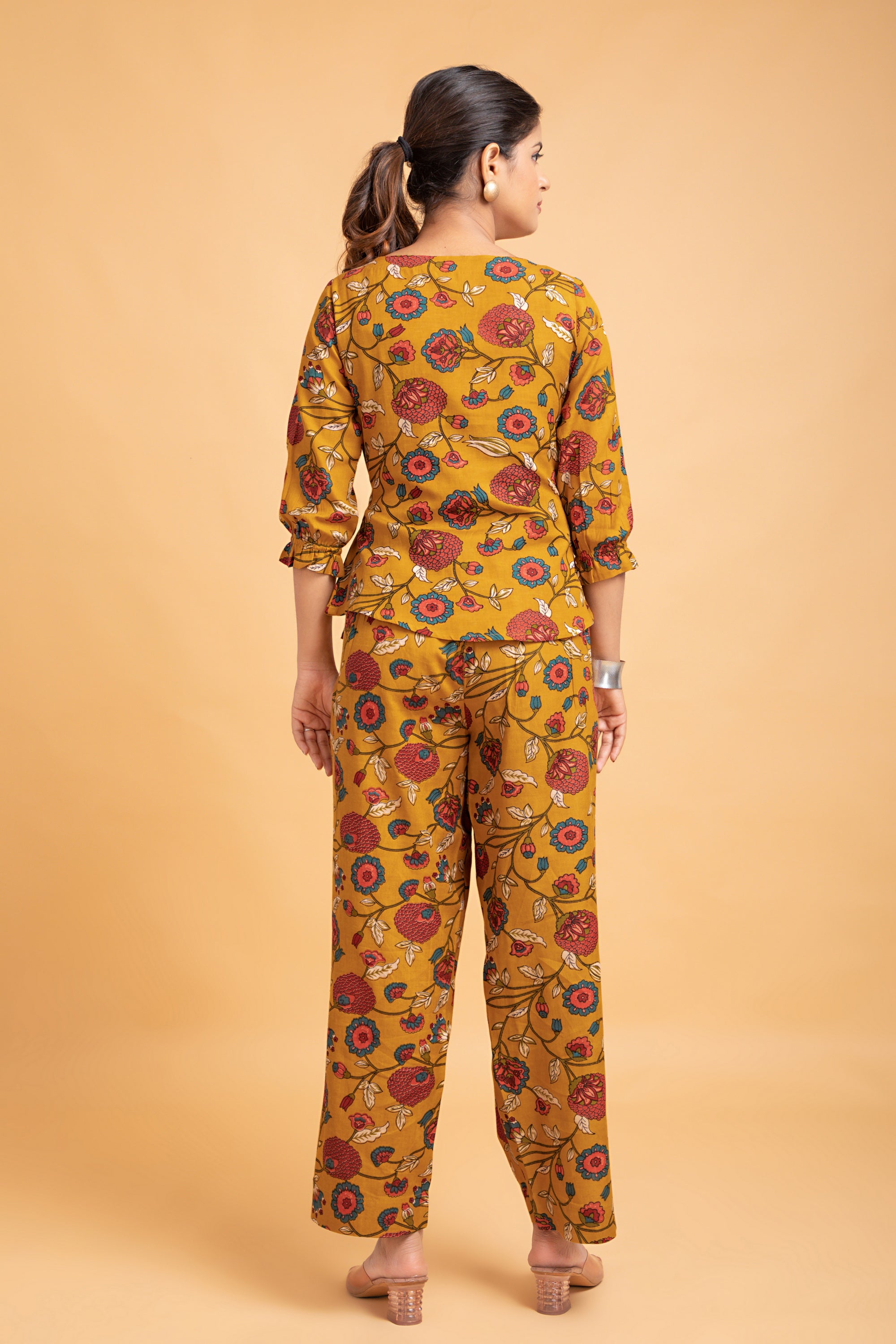 Mustard Rayon Linen Printed Front Tie-Up Co-Ord Set