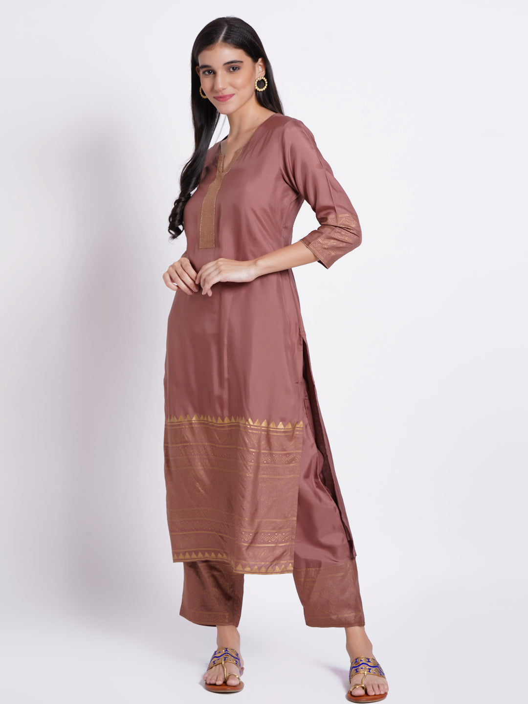 Brown & Gold Striped Regular Pure Silk Kurta With Trousers