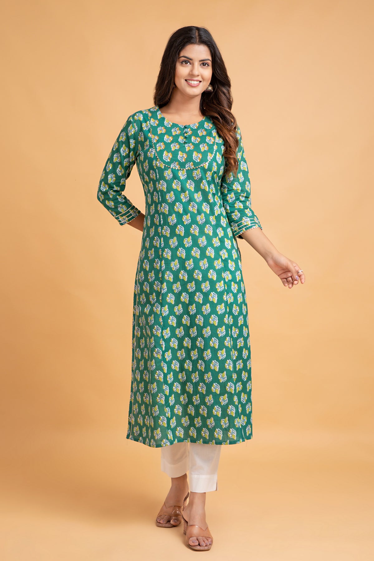PRINTED A-LINE MAL COTTON KURTA DETAILED WITH SEQ. & LACE WORK