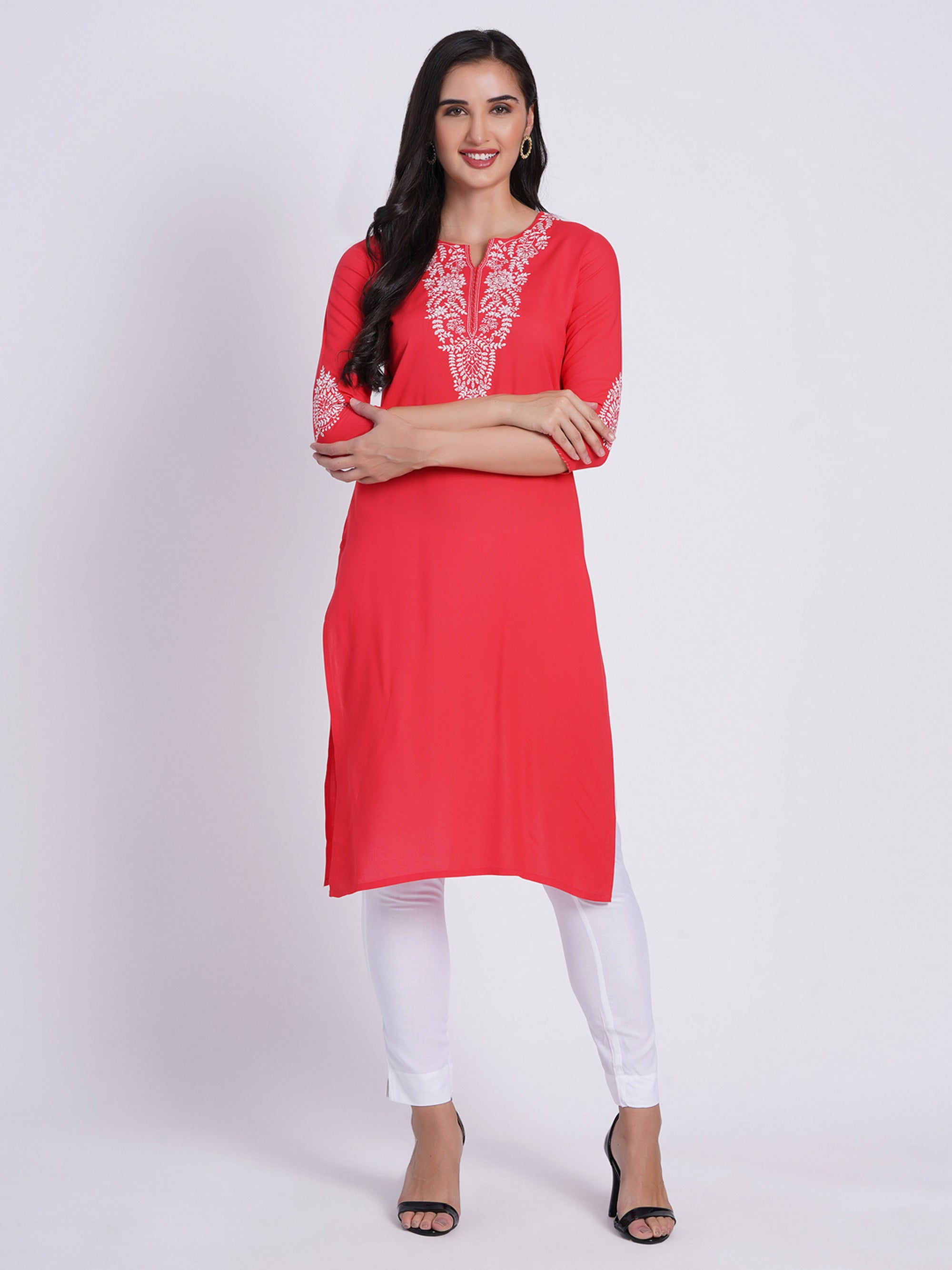 New Coral Long Kurti in Rayon