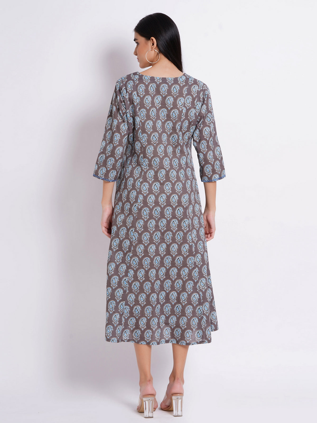 PRINTED FLAIRED KALIDAR LONG KURTI EMBELLISHED WITH HAND CRAFT