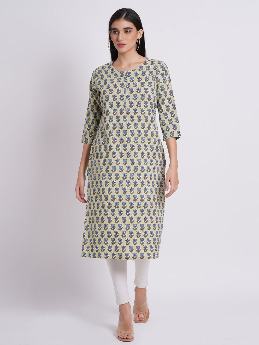Bagru Green Casual Dayout Printed Kurti Detailed with Buttons