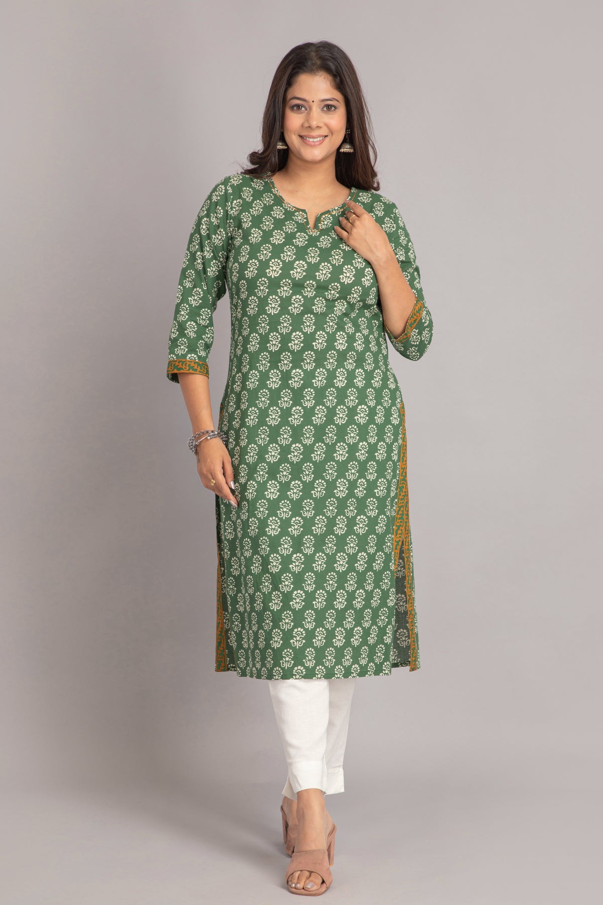 MUL COTTON PRINTED LONG KURTI EMBELLISHED KANTHA WORK