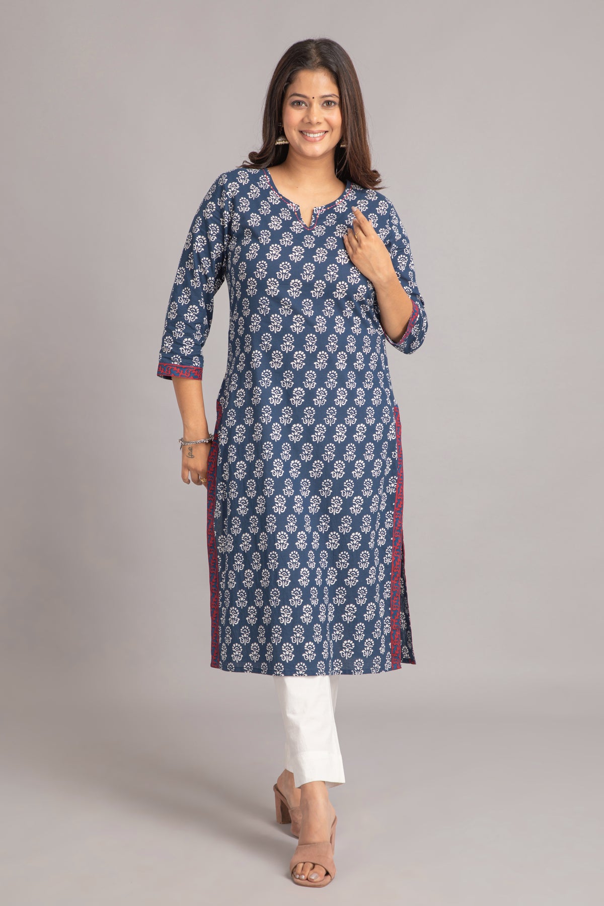 Mul Cotton Printed Long Kurti Embellished Kantha Work