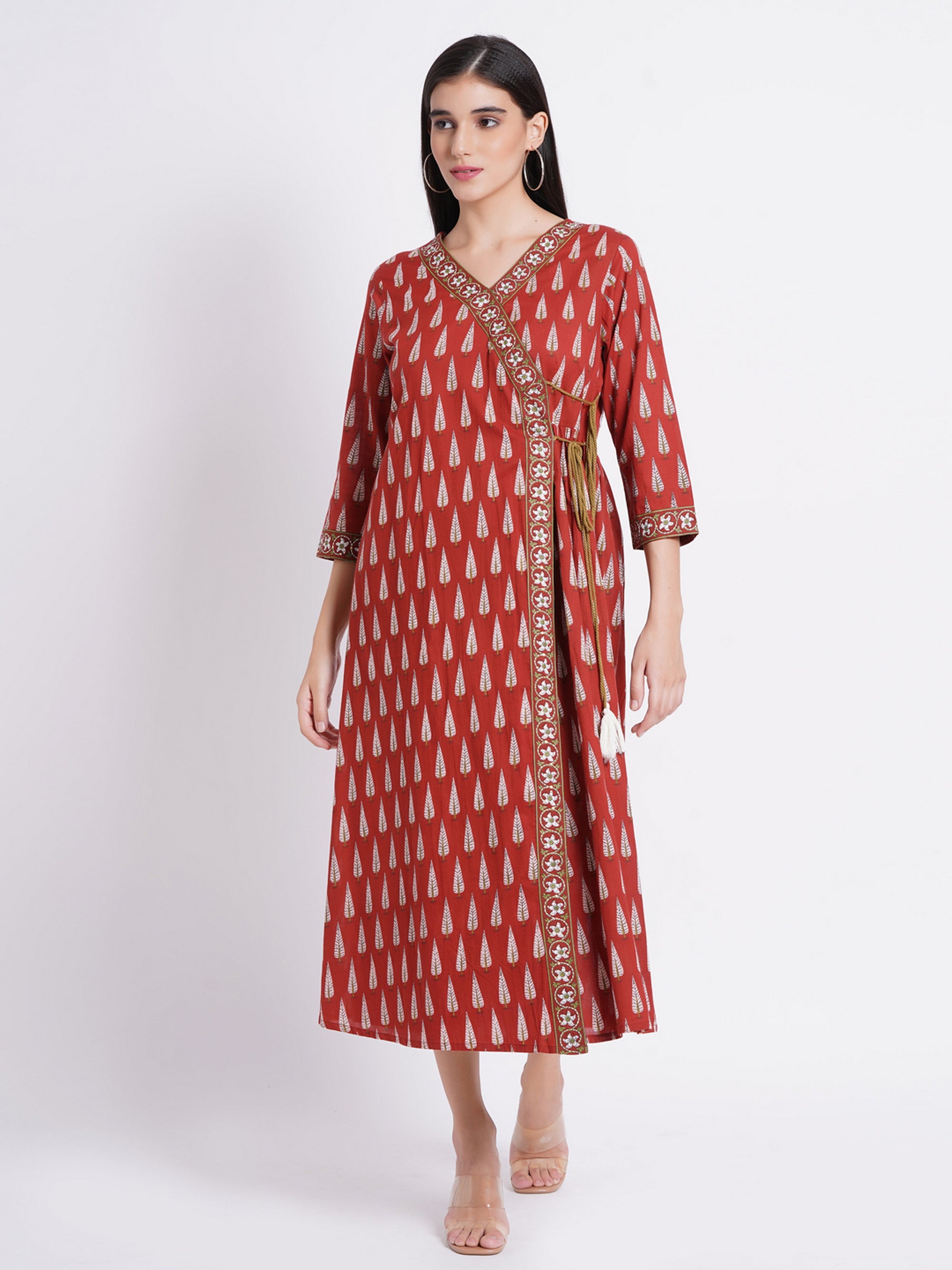 Bagru Red Mul Cotton Angrakha Kurta with Hand Embellishments