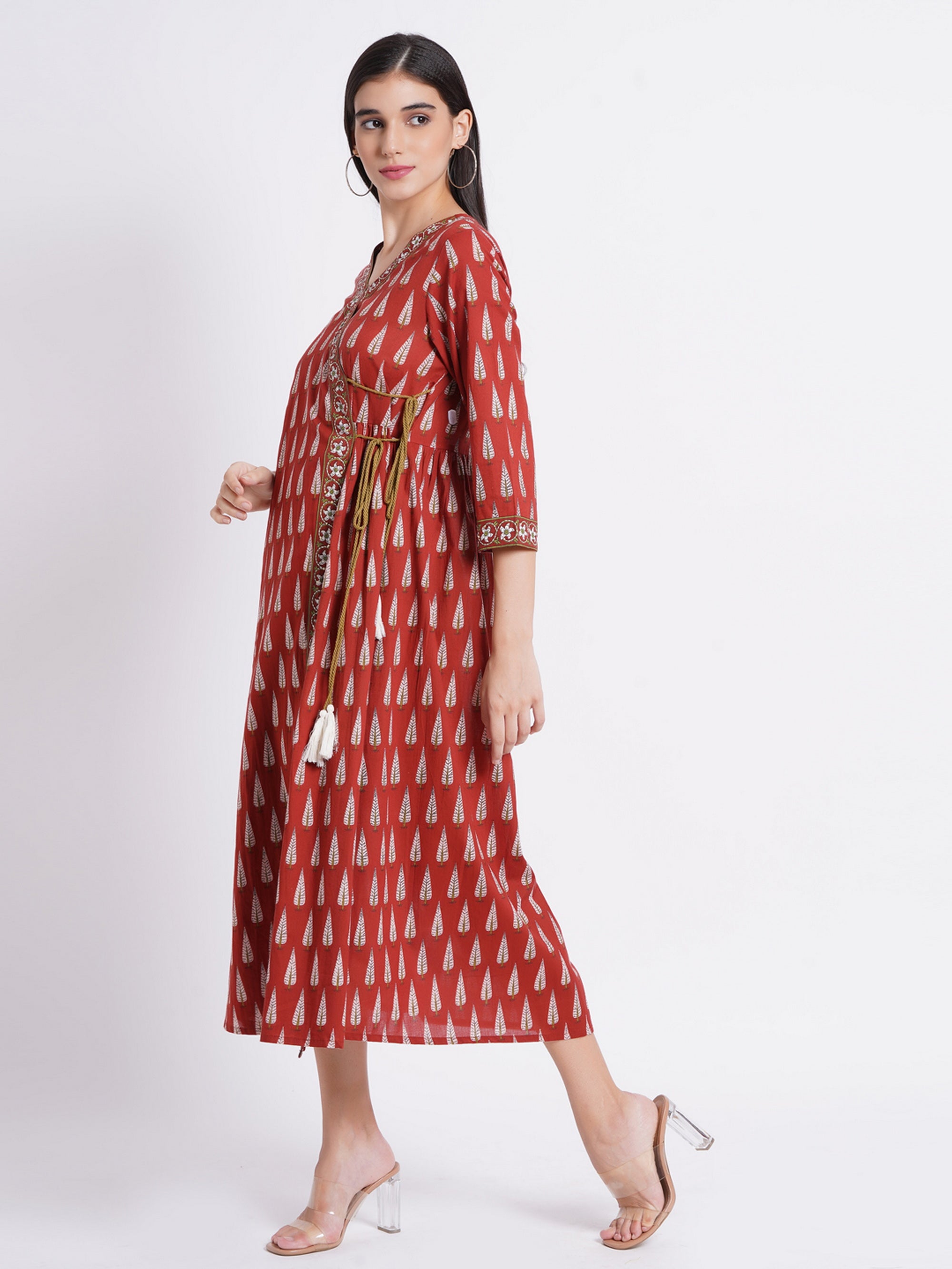 Bagru Red Mul Cotton Angrakha Kurta with Hand Embellishments