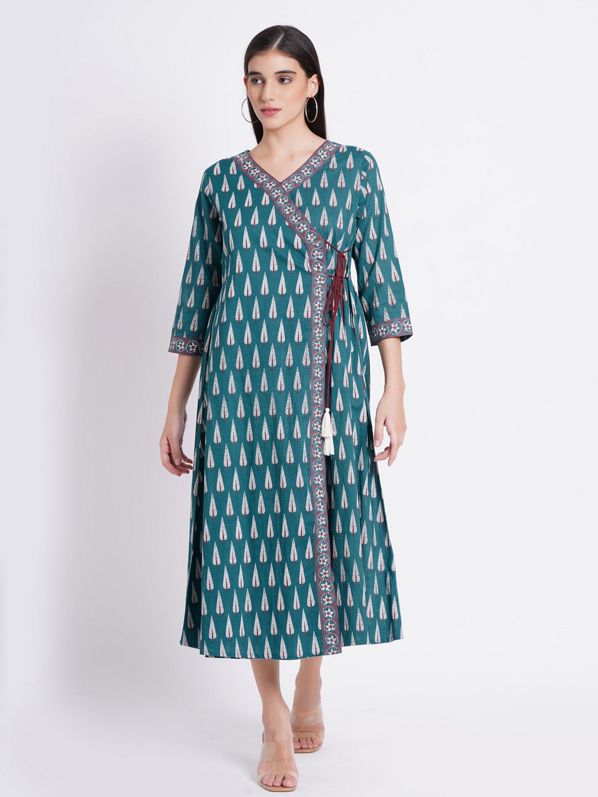 Teal Mul Cotton Angrakha Kurta with Hand Embellishments