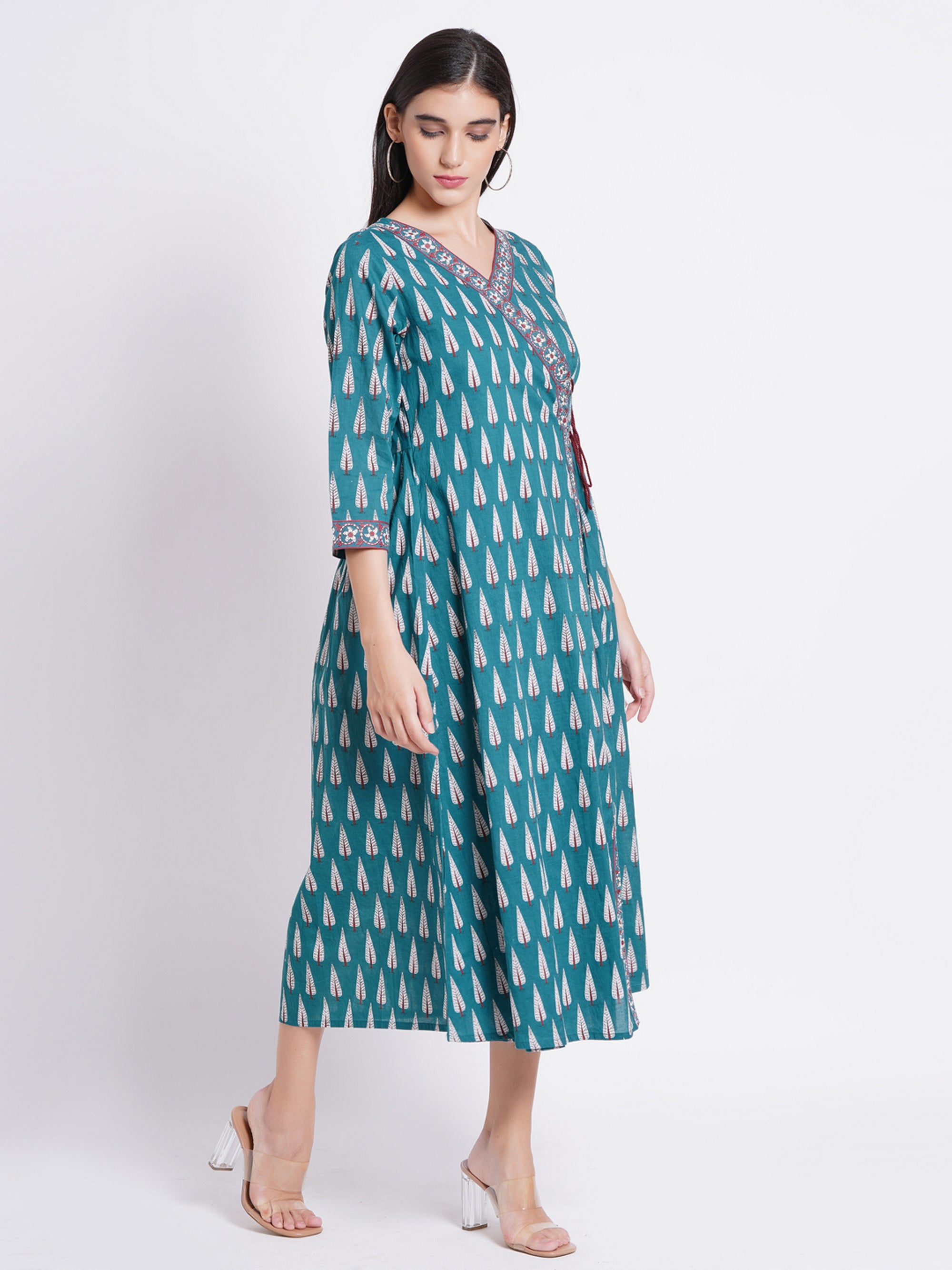Teal Mul Cotton Angrakha Kurta with Hand Embellishments