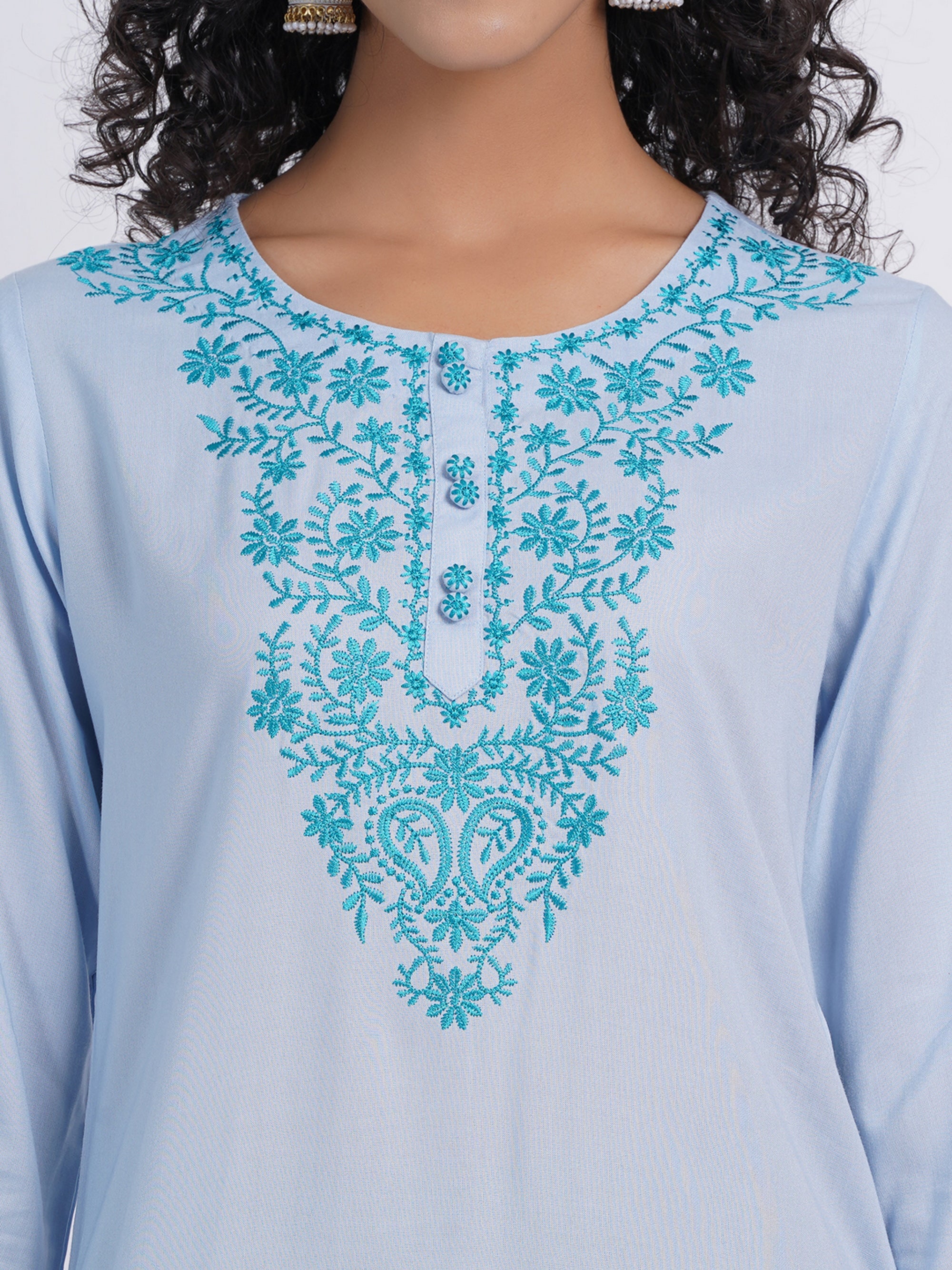 Powder Blue Long Kurti in Rayon