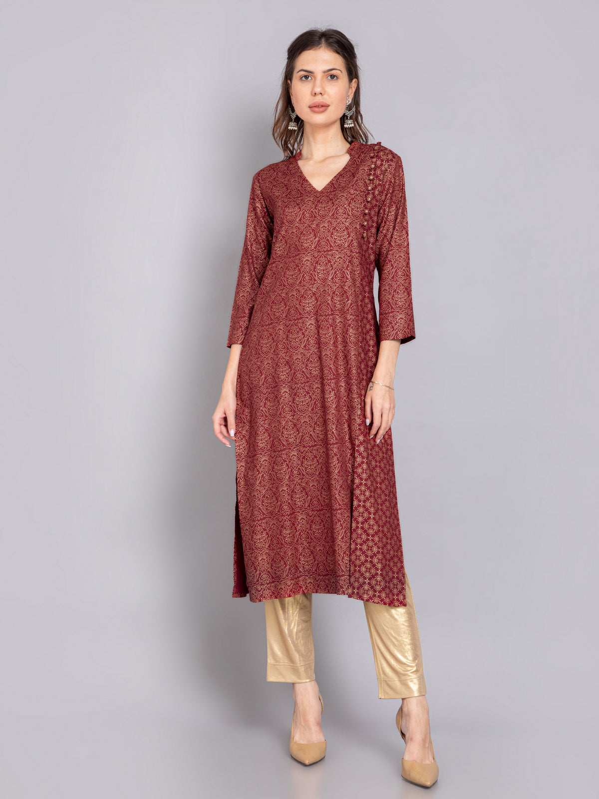 Gold Printed Long Kurti With Button Detail