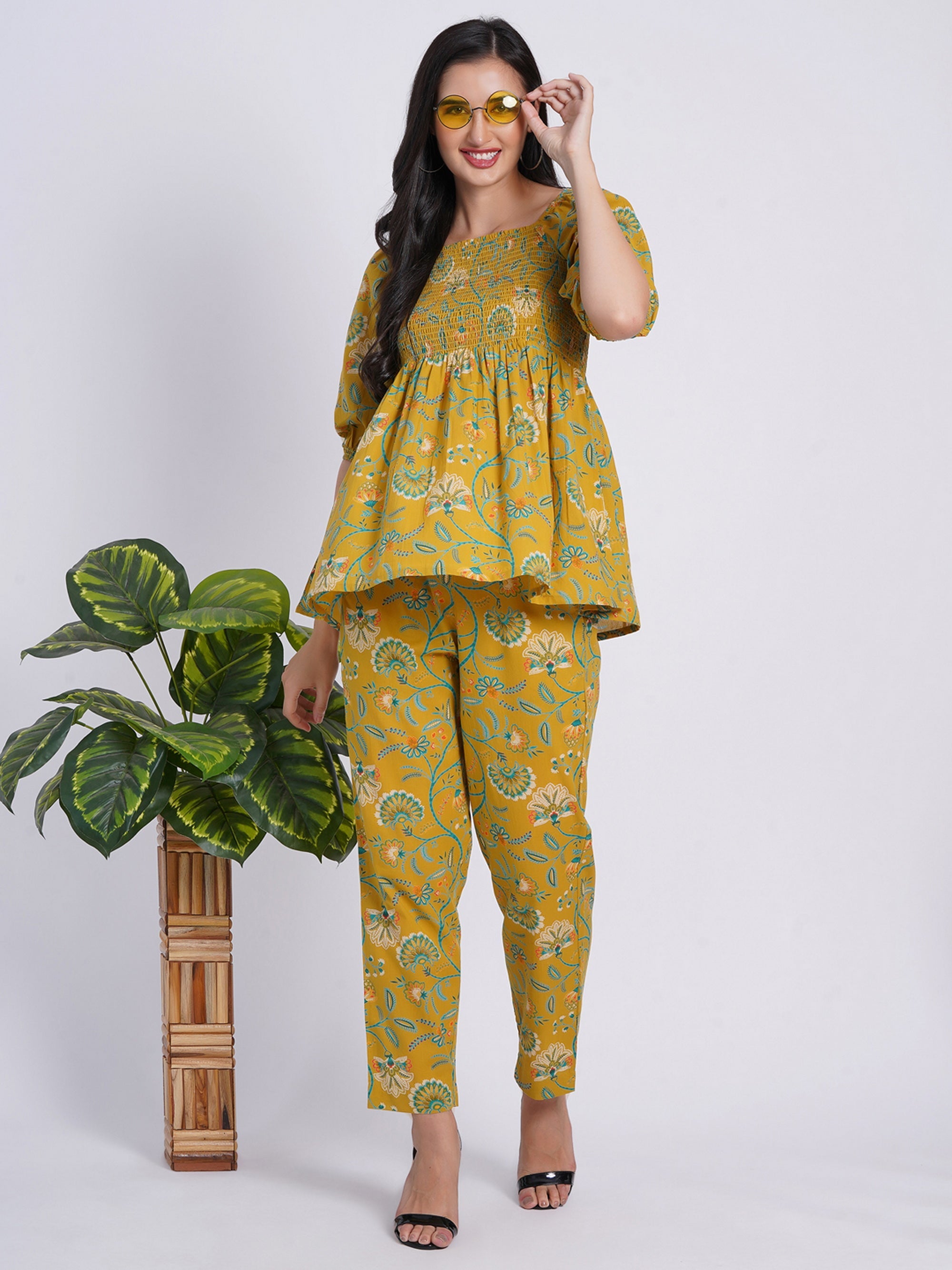 Mustard Co-ord Set in Mul Cotton