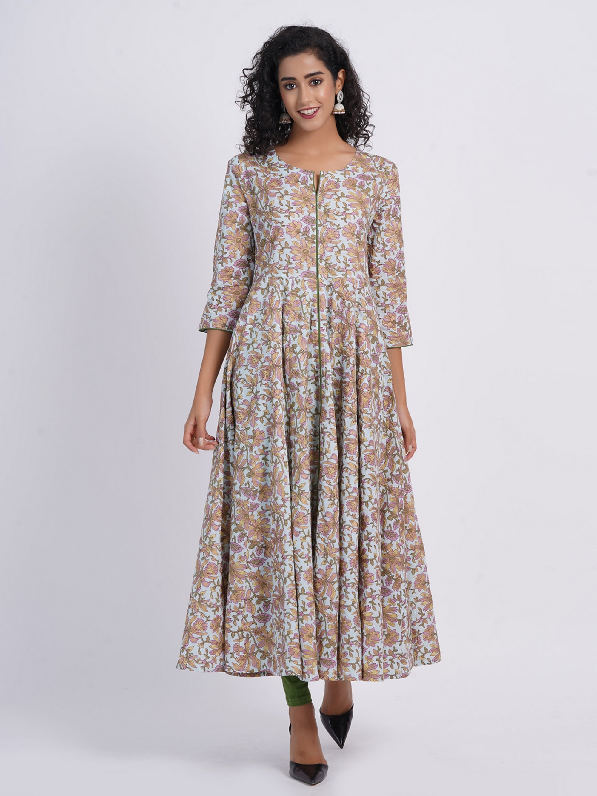 MUL COTTON PRINTED FLARIED KALIDAR LONG DRESS