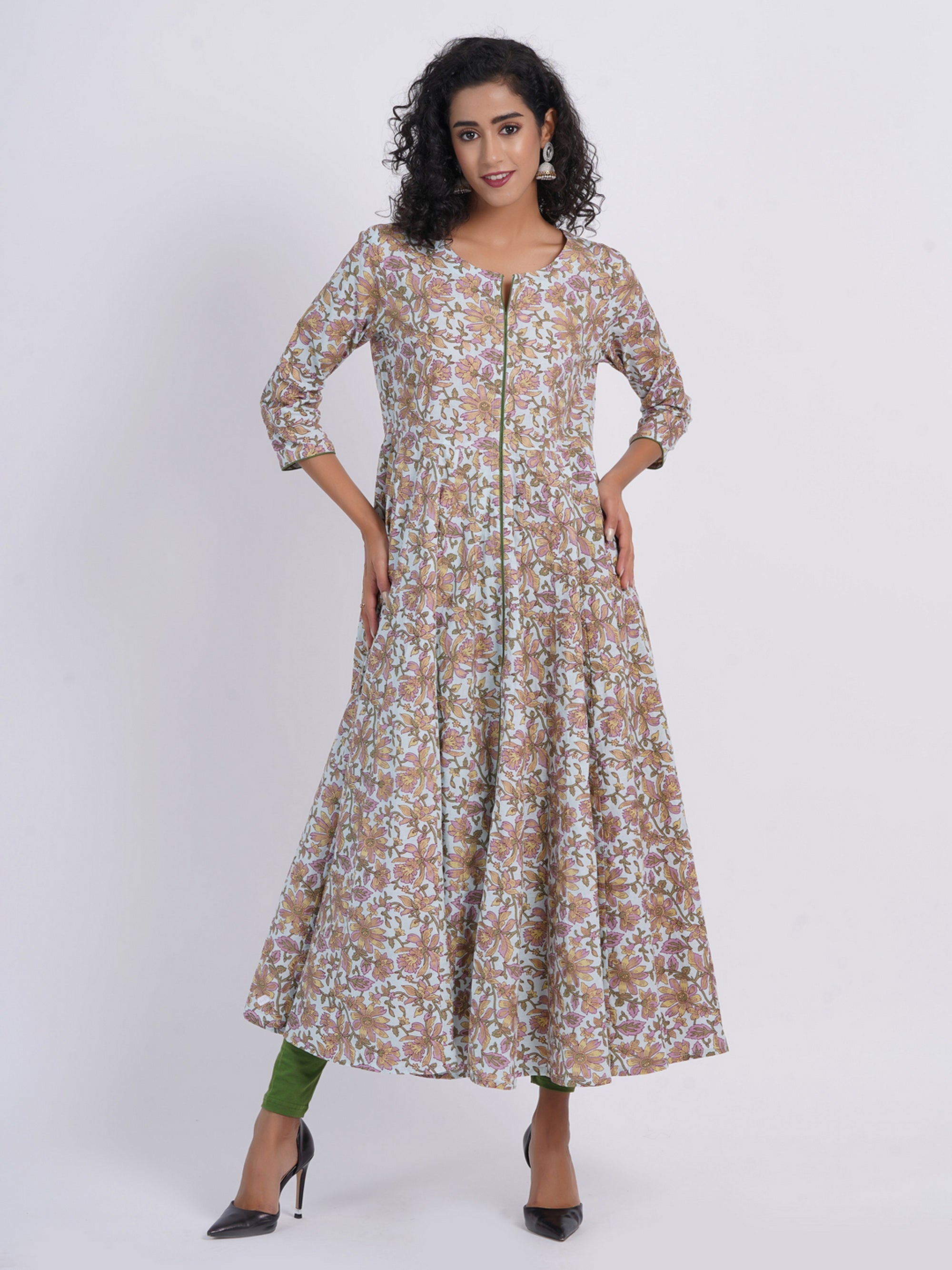 MUL COTTON PRINTED FLARIED KALIDAR LONG DRESS
