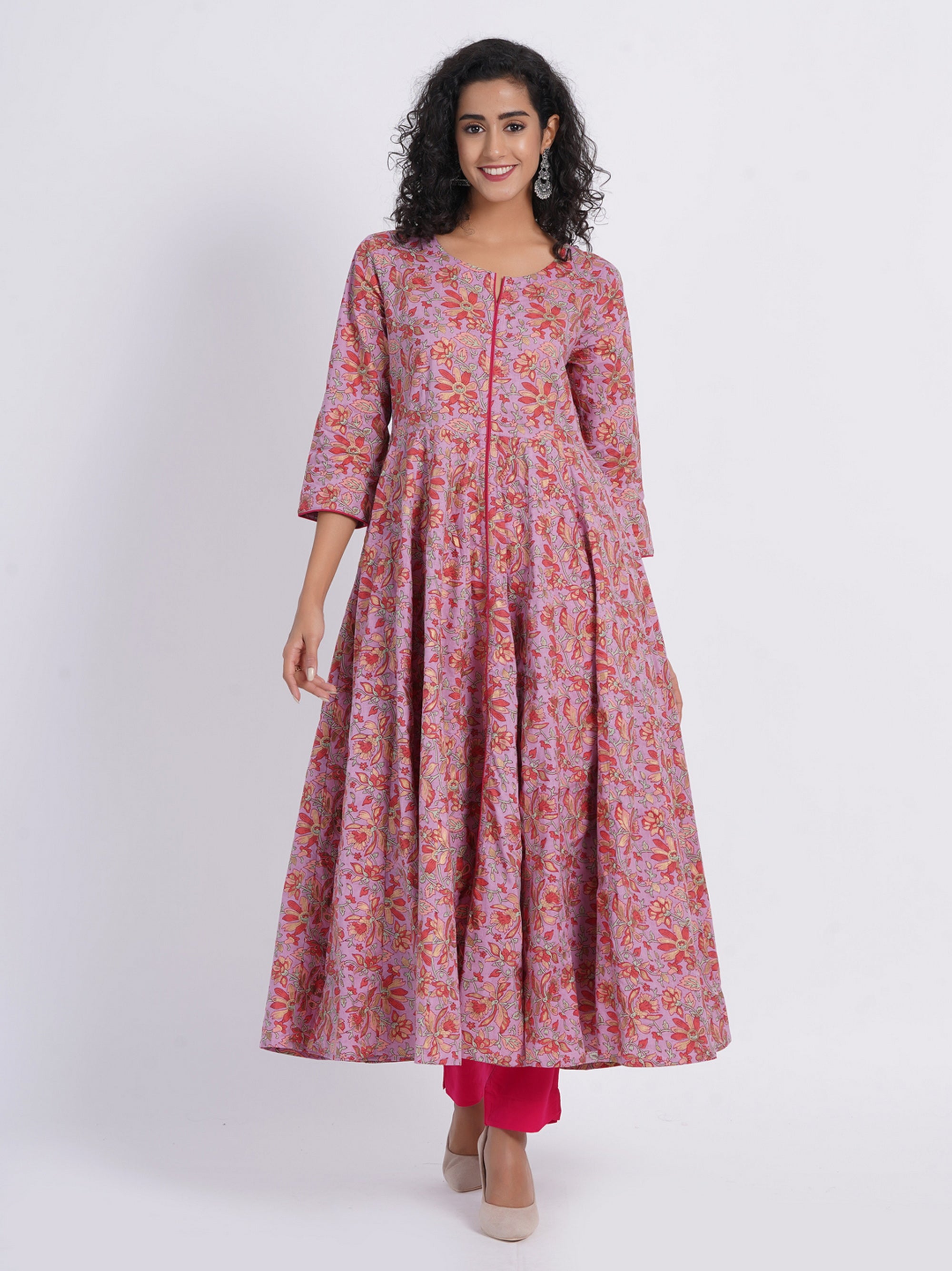 MUL COTTON PRINTED FLARIED KALIDAR LONG DRESS