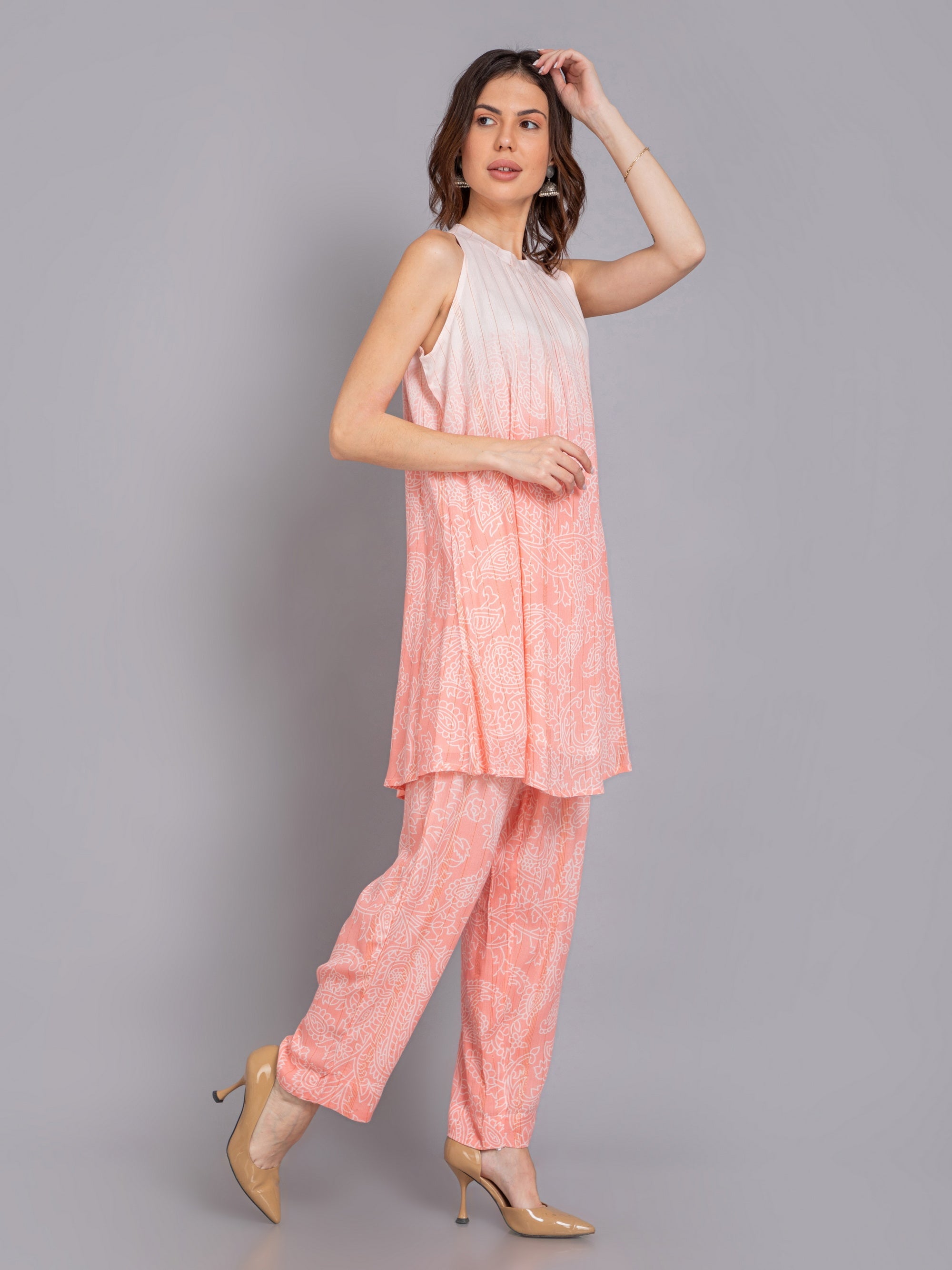Peach Co-ord Set in Rayon Crepe W/lurex