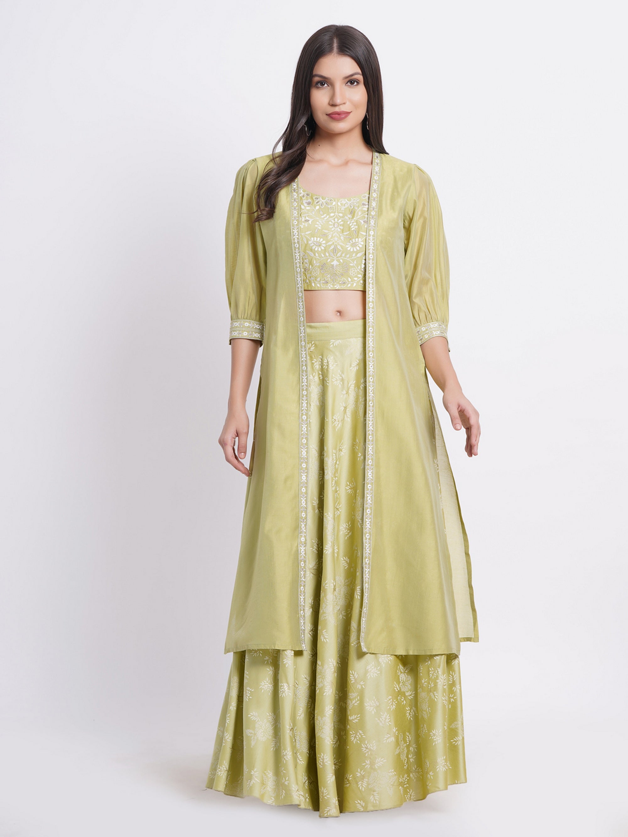 Leaf Green 3 Pcs Fusion Wear in Viscose Muslin
