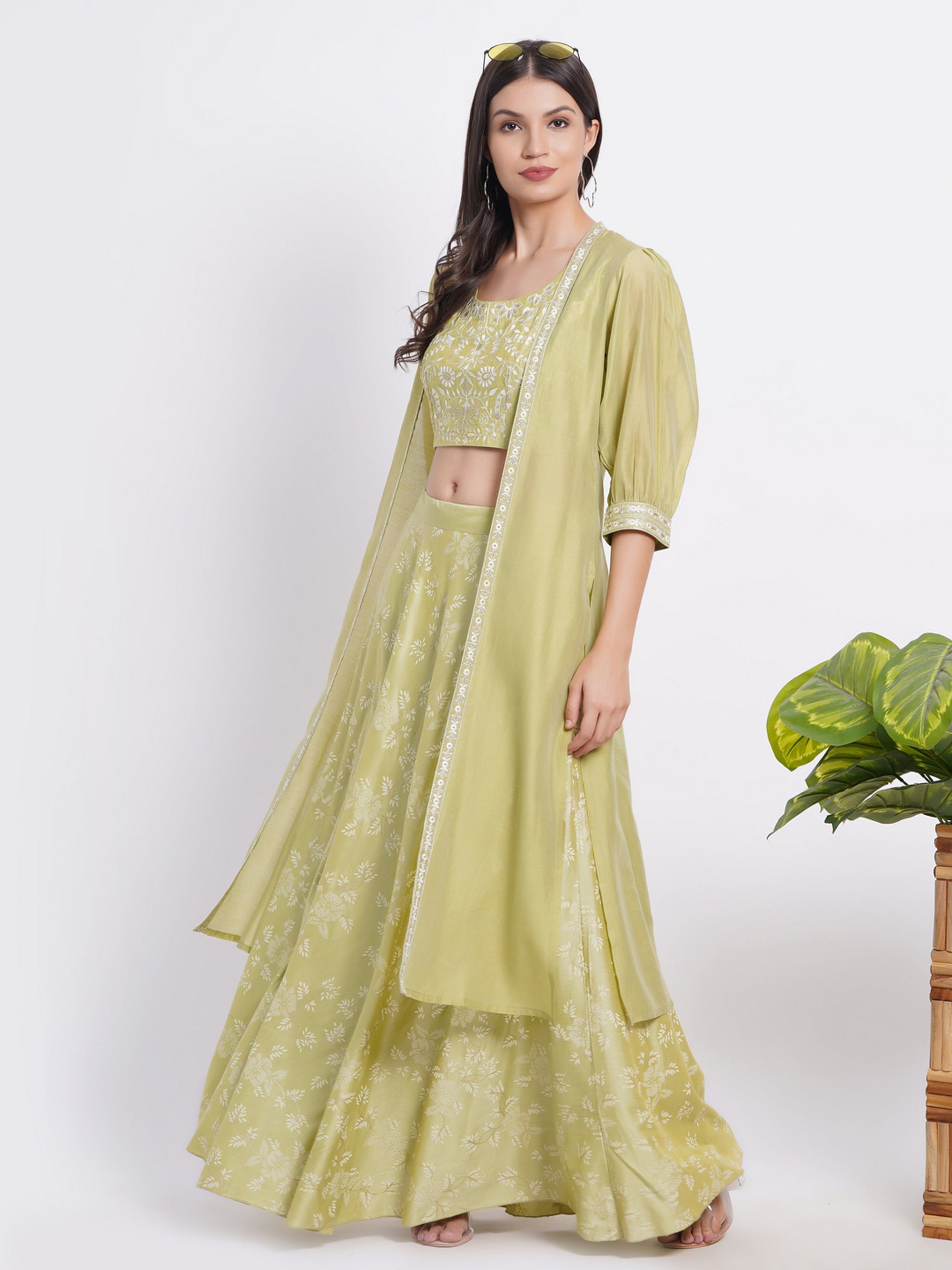 Leaf Green 3 Pcs Fusion Wear in Viscose Muslin